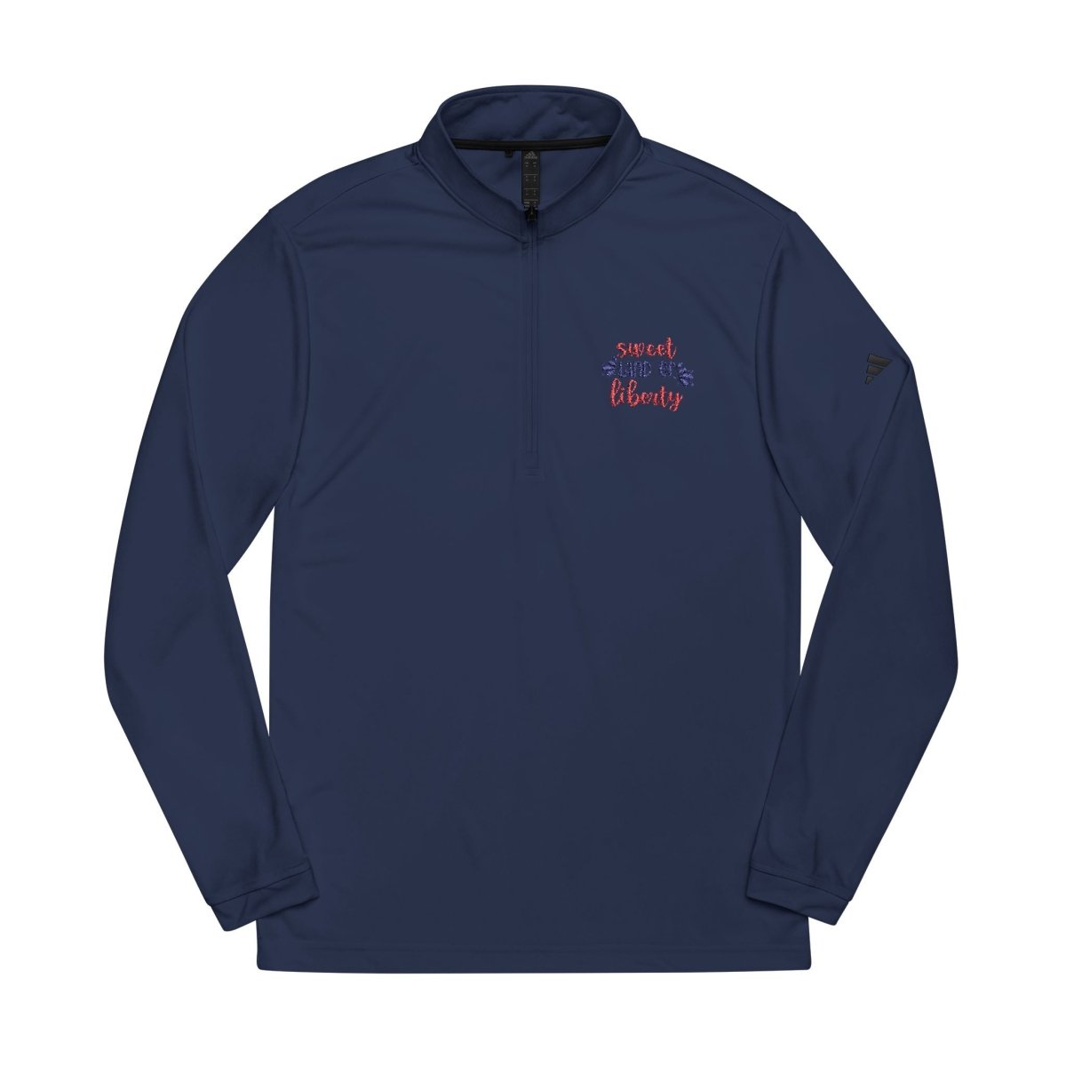 Navy Zip-Up Sweatshirt with Sweet Liberty Design, perfect for eco-friendly athletic wear
