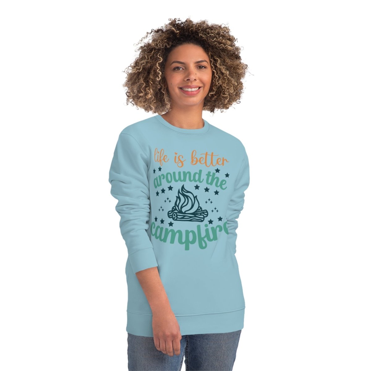 Eco-friendly campfire sweatshirt in light blue featuring a campfire graphic and positive quote