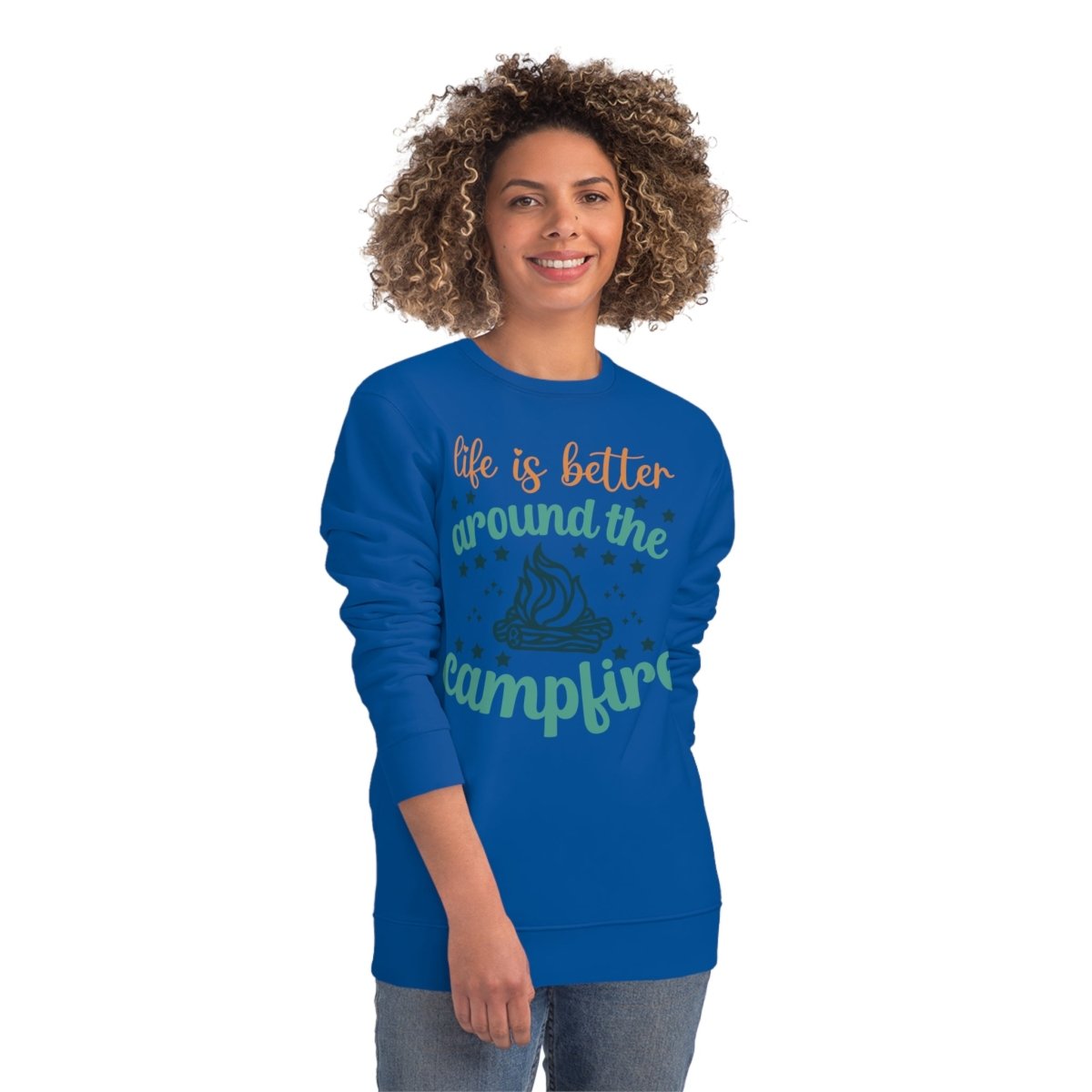 Blue eco-friendly campfire sweatshirt featuring a fun campfire graphic and positive text