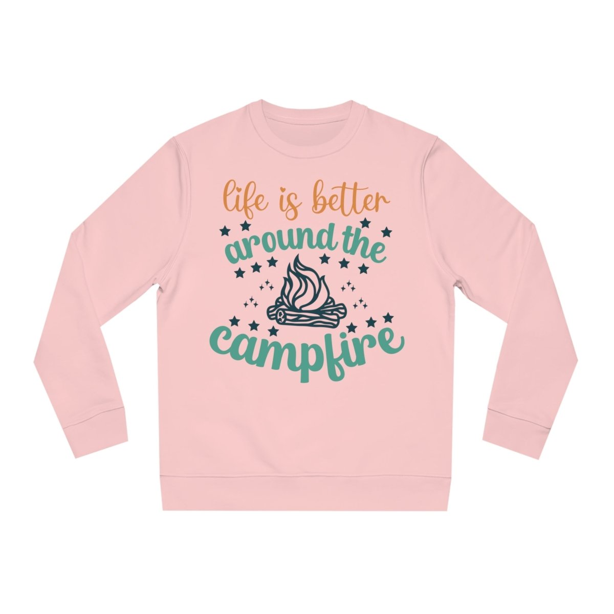 Eco-friendly campfire sweatshirt in pink featuring a campfire graphic and inspirational text