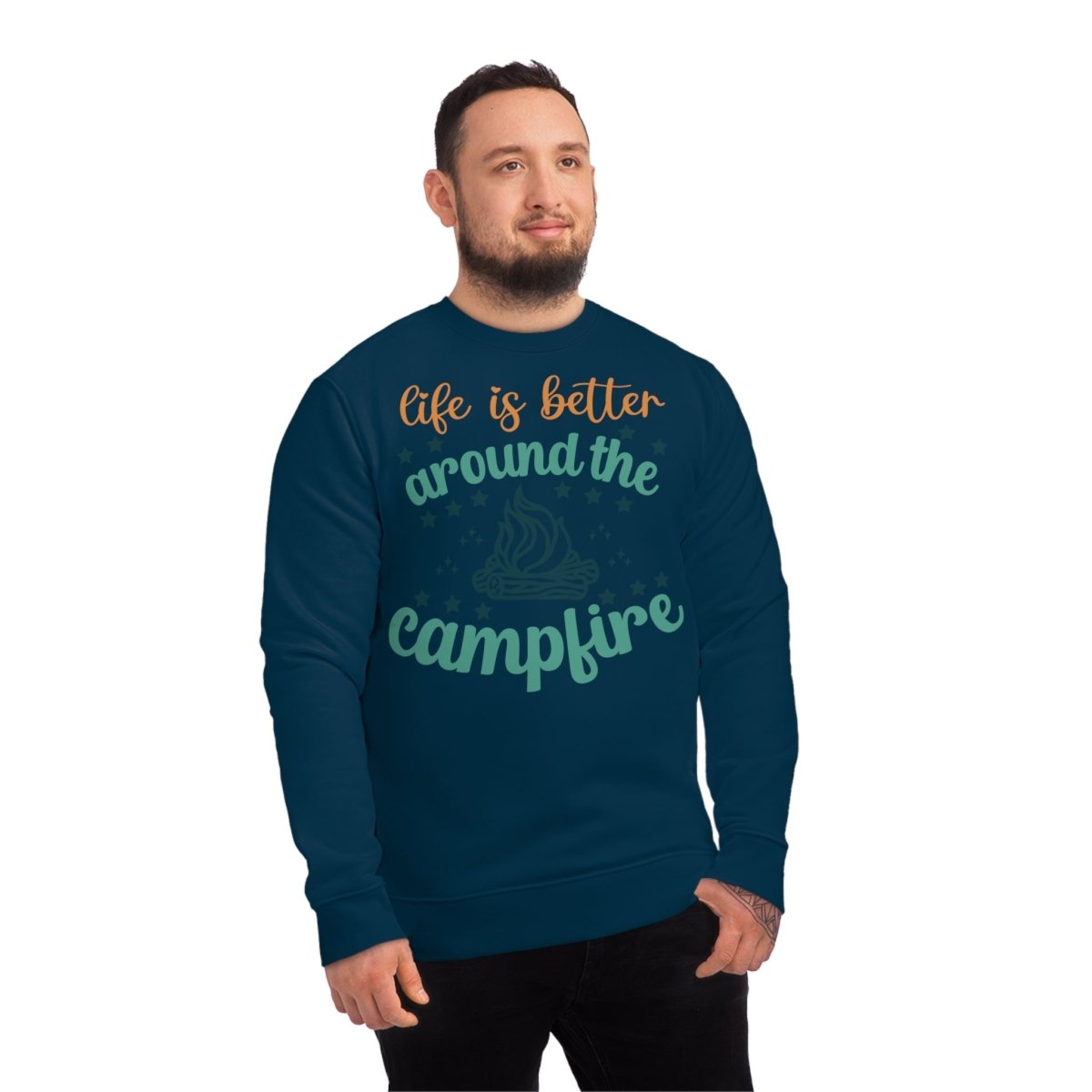 Eco-friendly campfire sweatshirt featuring the phrase Life is Better Around the Campfire in a cozy design