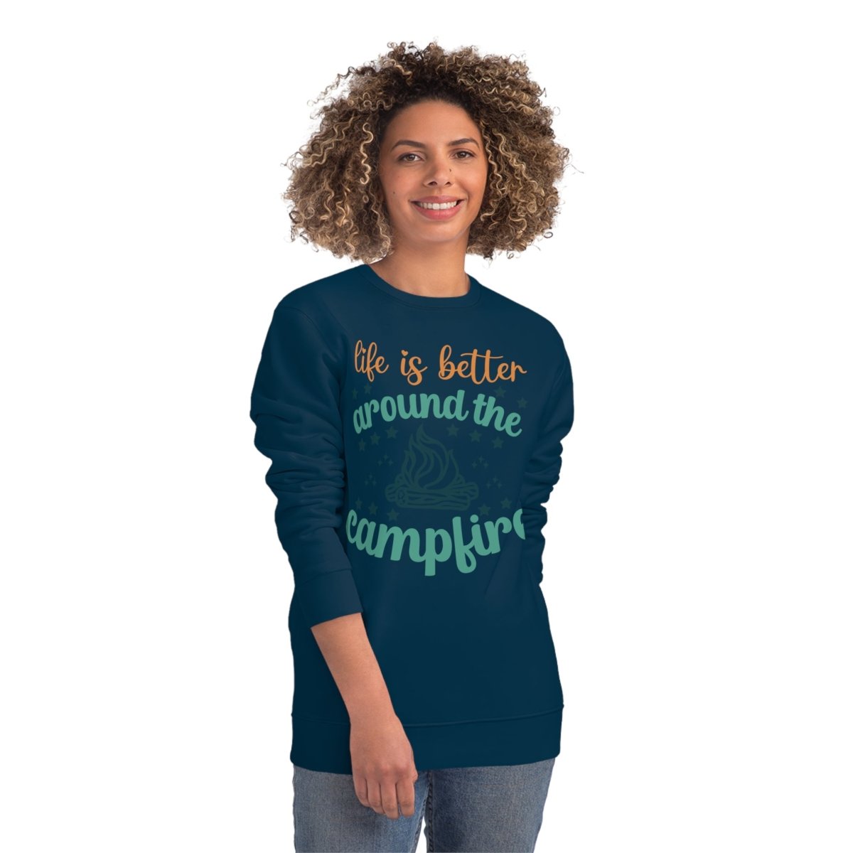 Eco-friendly campfire sweatshirt in navy blue with colorful campfire design and text