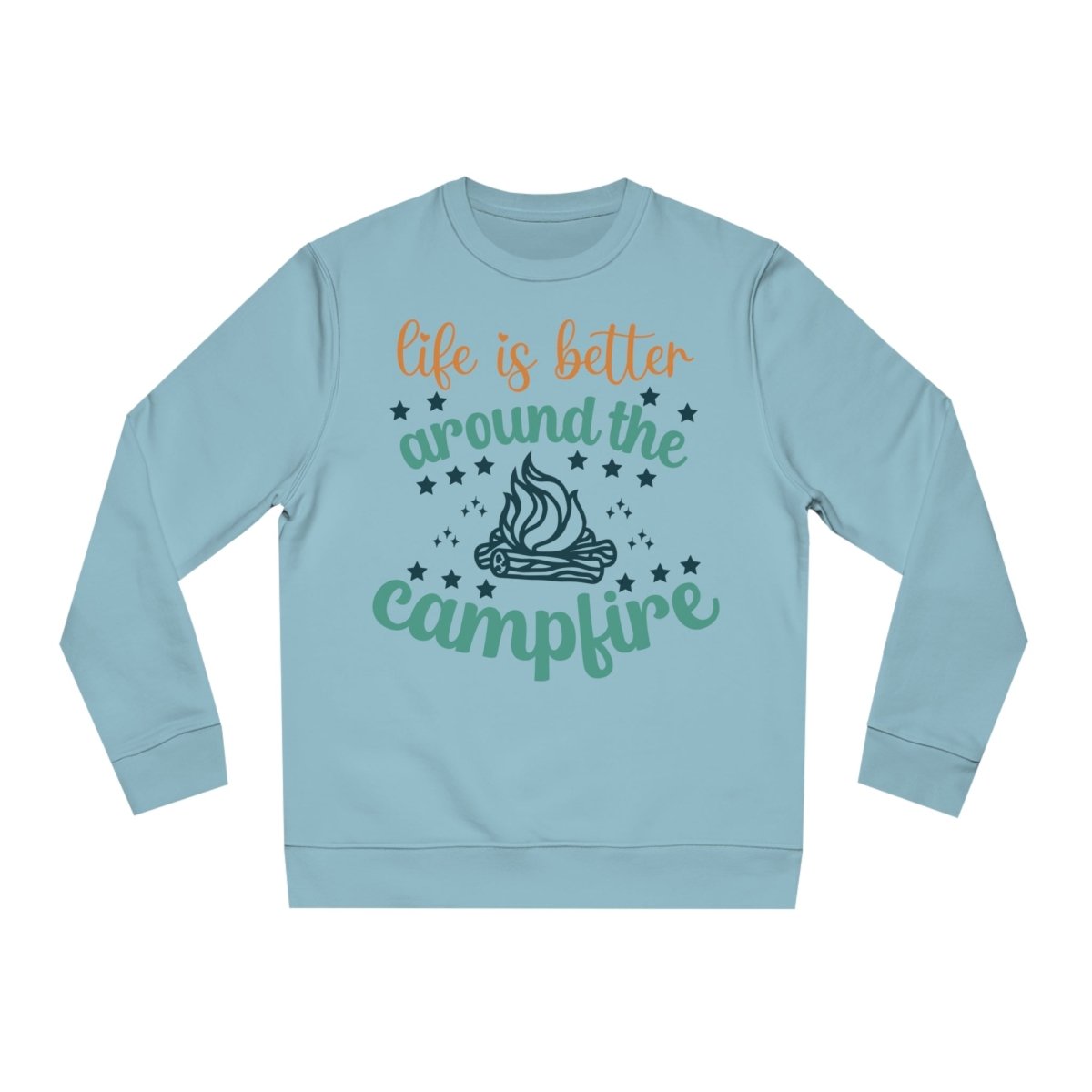 Eco-friendly campfire sweatshirt in light blue with colorful camping-themed graphic design