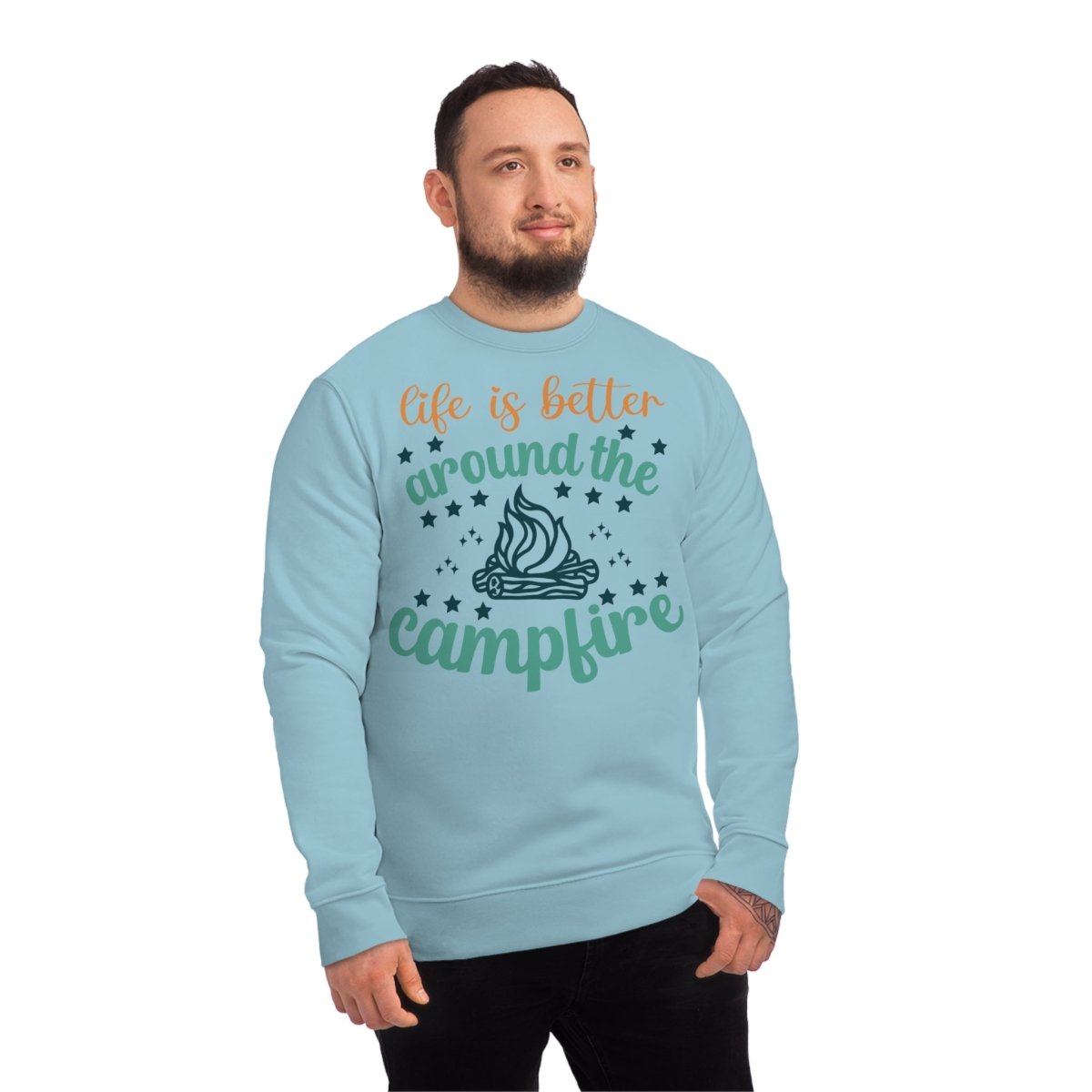 Light blue eco-friendly campfire sweatshirt with a playful campfire graphic and inspirational text