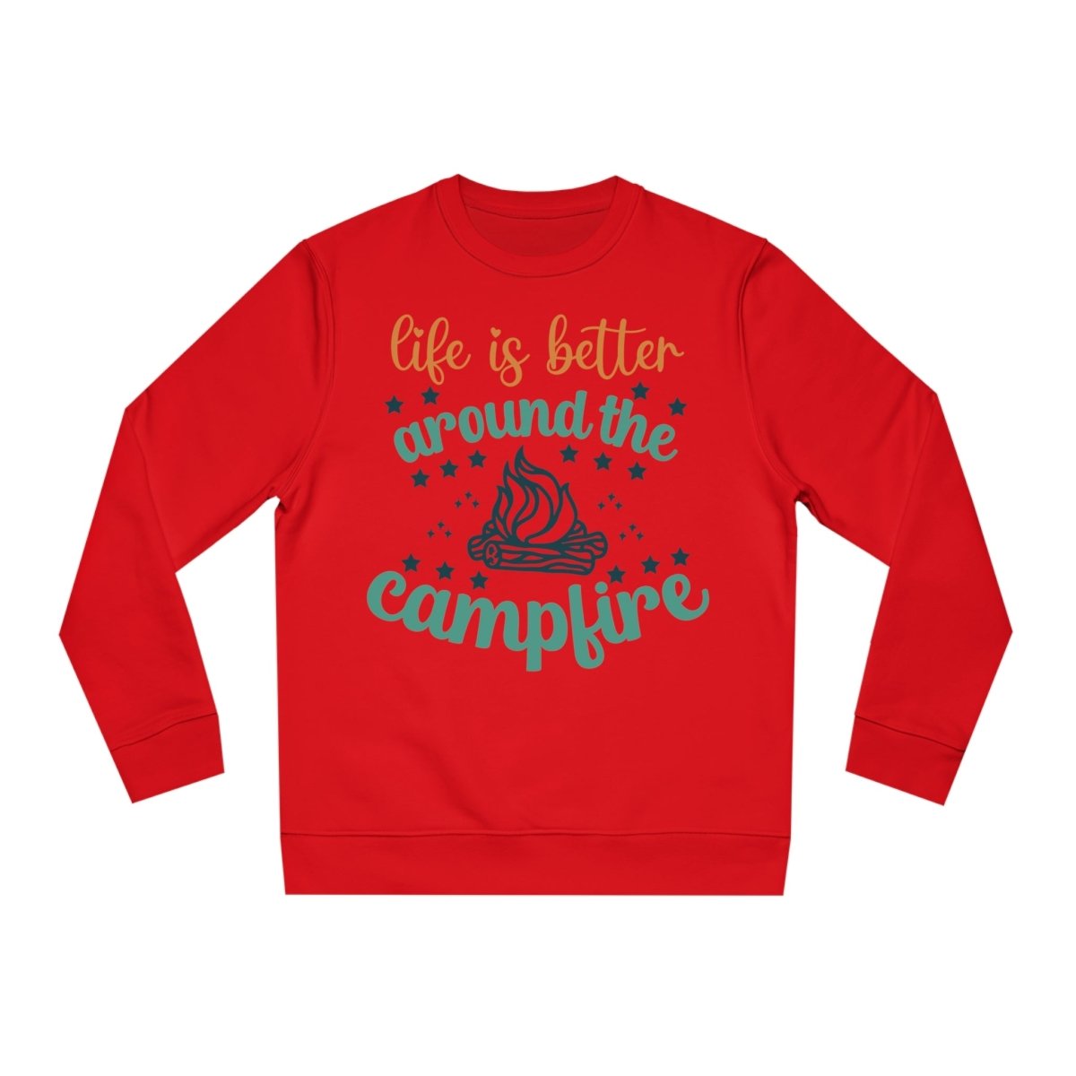 Red eco-friendly campfire sweatshirt featuring the phrase life is better around the campfire