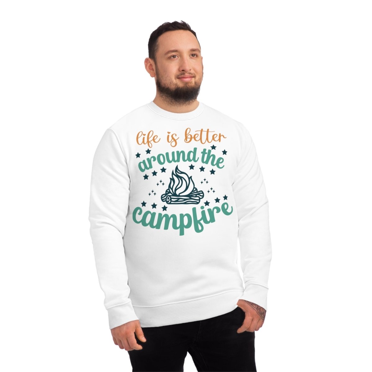 Eco-friendly campfire sweatshirt featuring the phrase life is better around the campfire and a campfire graphic
