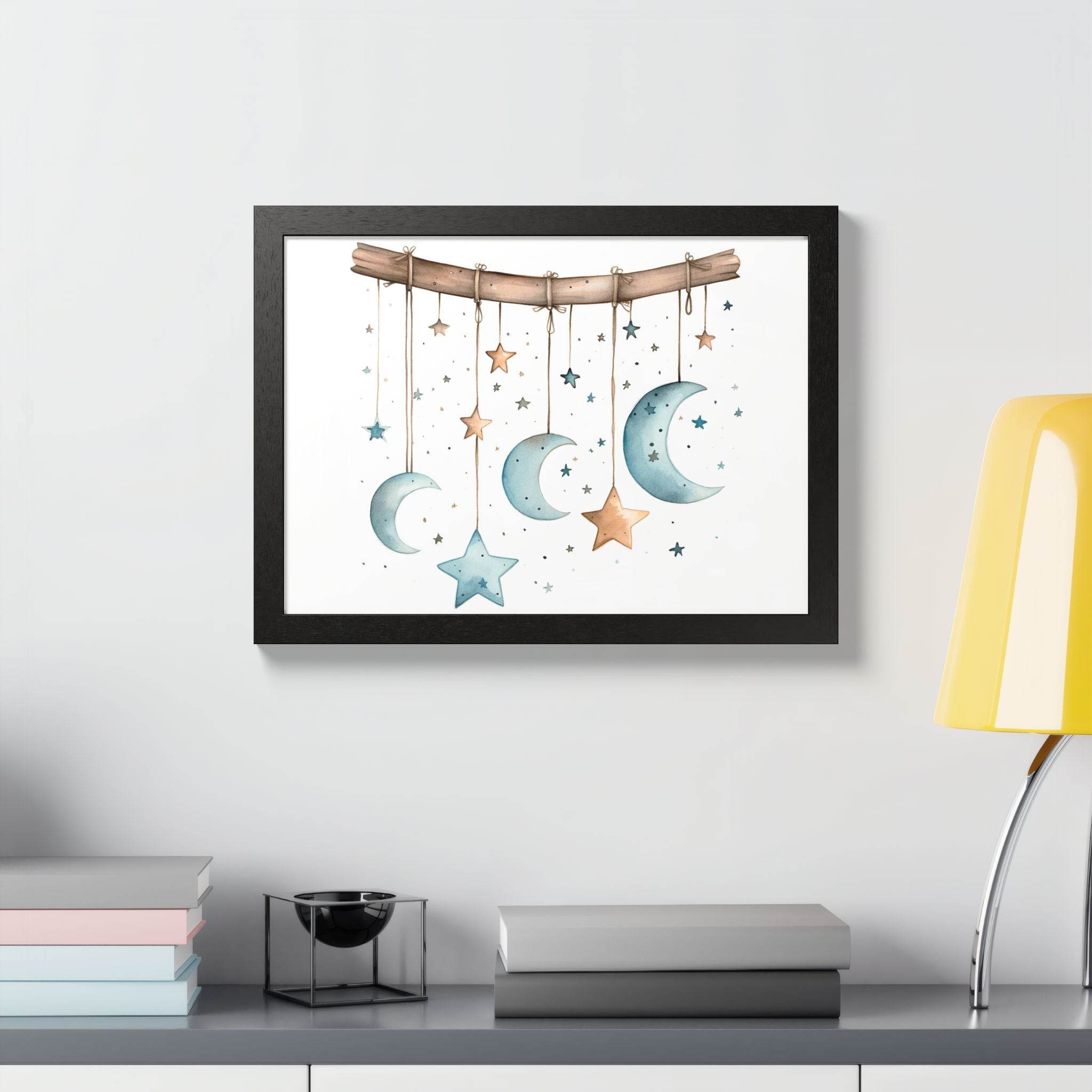 Printify eco-friendly celestial wall art poster featuring hanging moons and stars in soft blue and beige