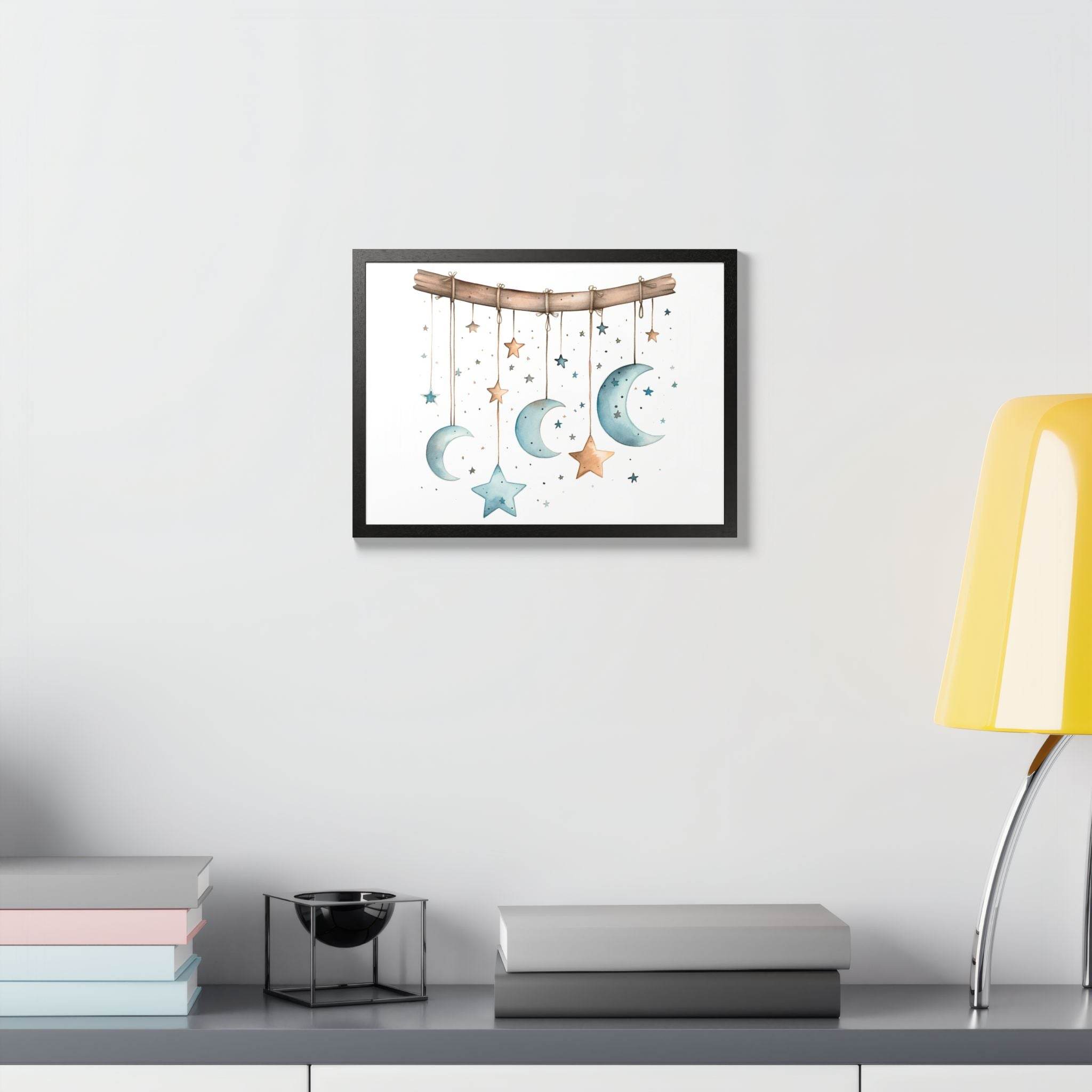 Printify eco-friendly celestial wall art poster with hanging moons and stars in a modern room