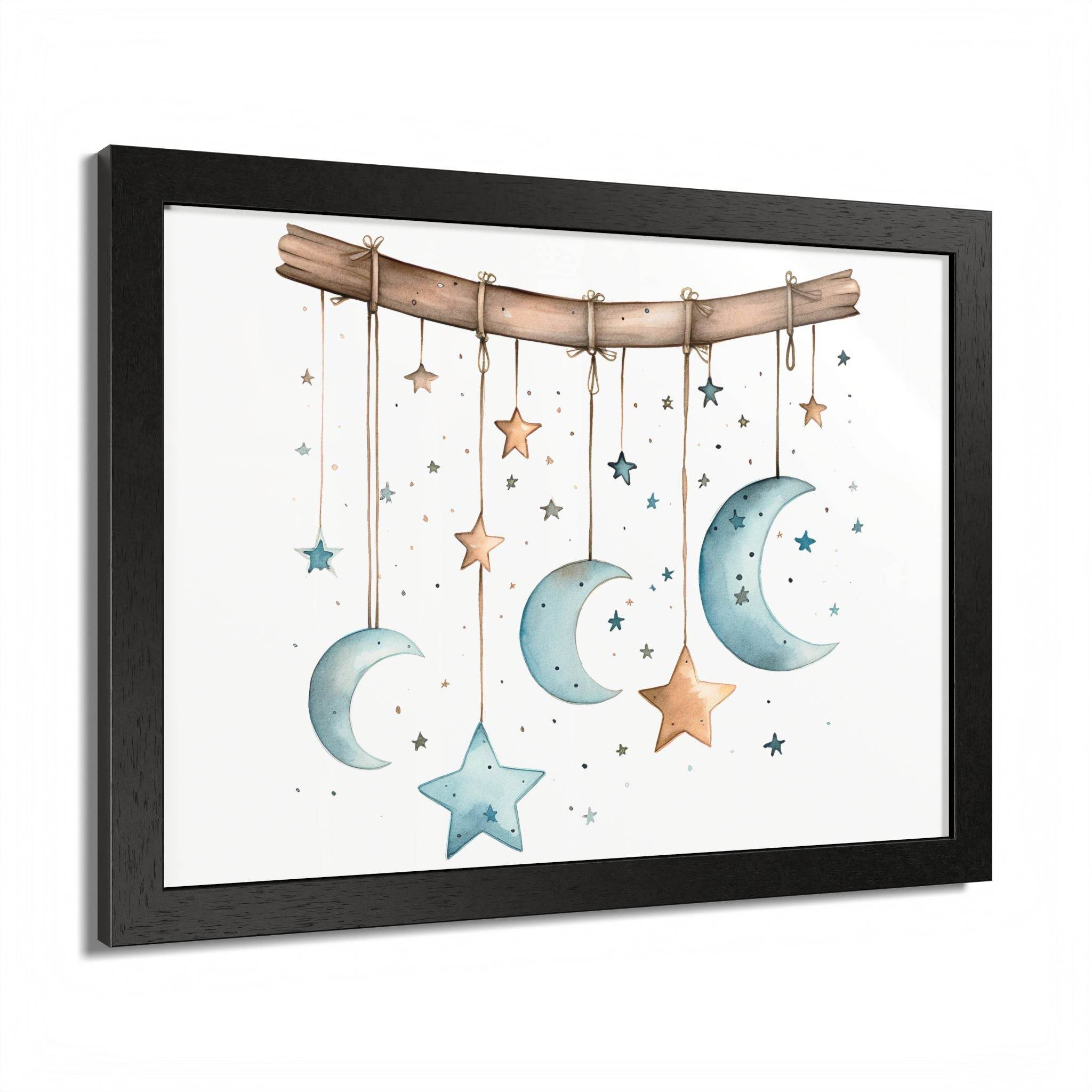 Printify eco-friendly celestial wall art poster featuring hanging moons and stars with wooden branch frame