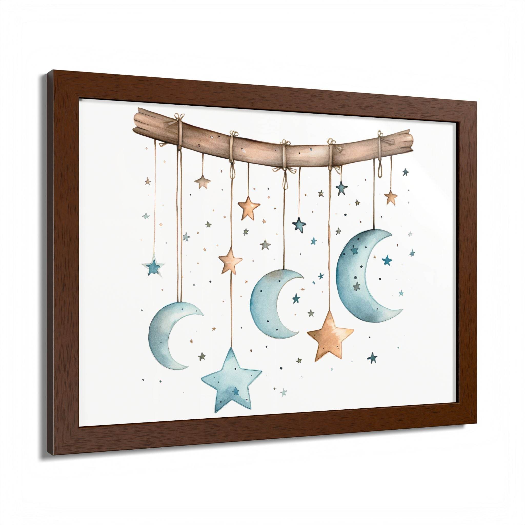 Eco-friendly celestial wall art poster featuring moons and stars hanging from a wooden branch in a brown frame