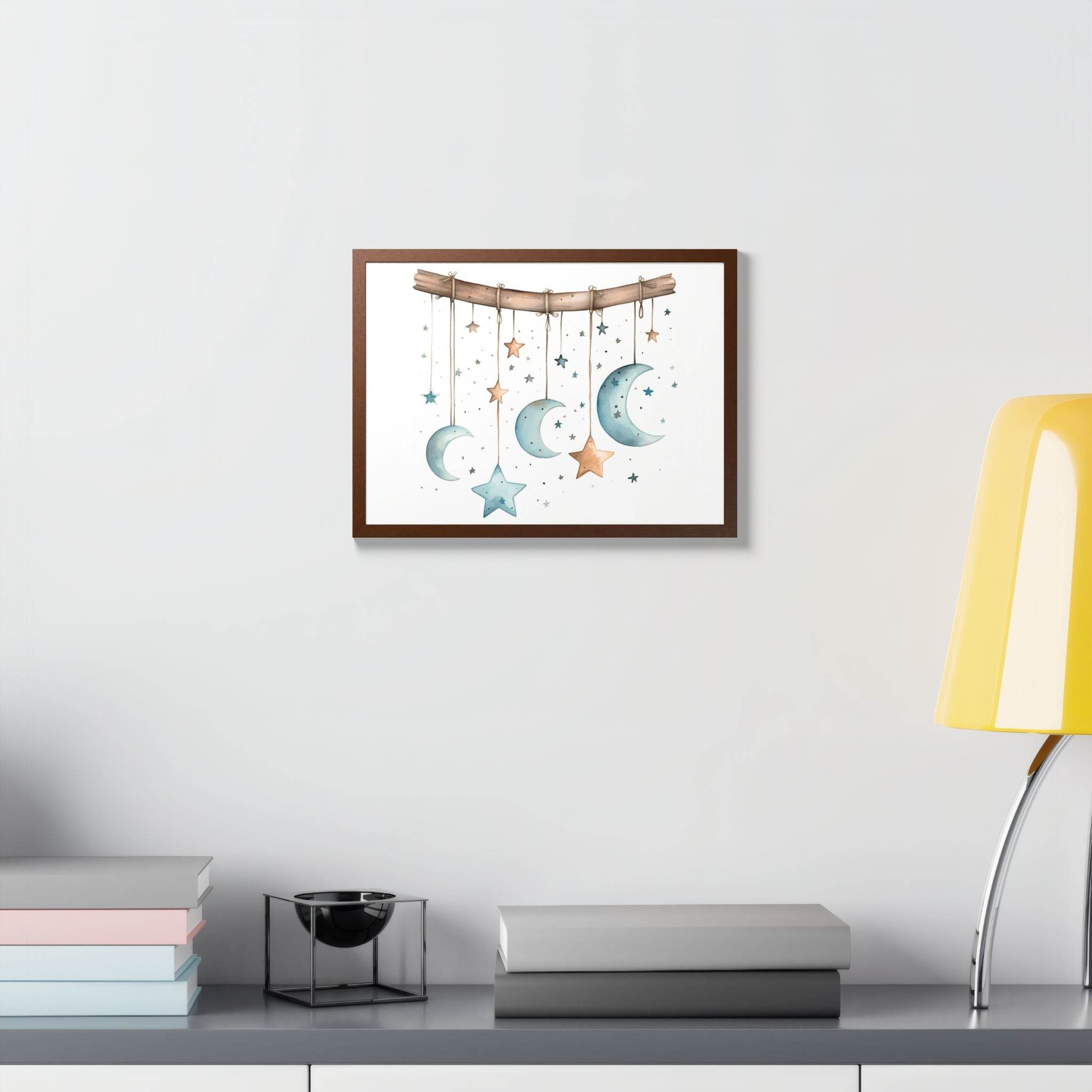 Printify eco-friendly celestial wall art poster featuring hanging moons and stars in soft colors