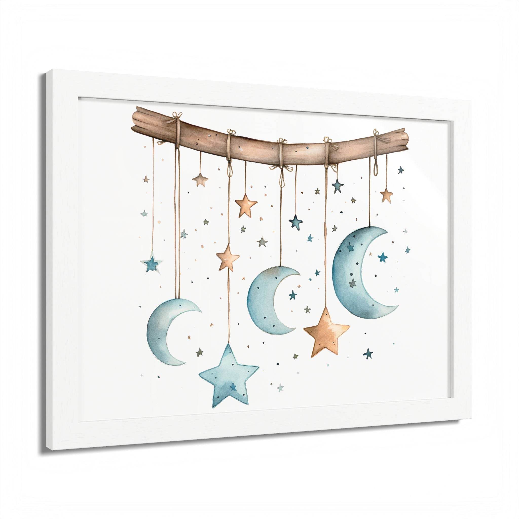 Printify eco-friendly celestial wall art poster featuring hanging moons and stars in soft blue and brown tones