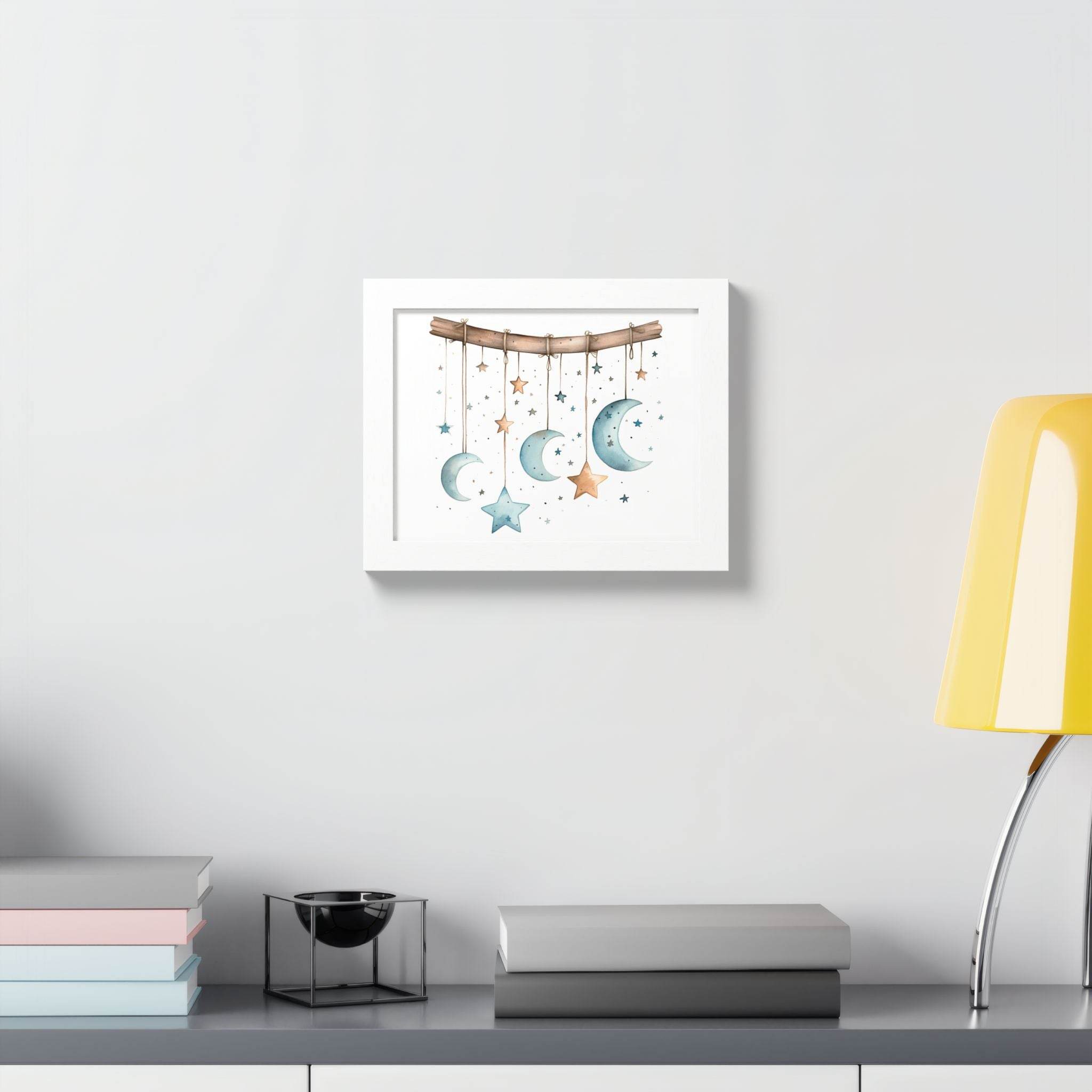 Printify eco-friendly celestial wall art poster with moons and stars hanging on a wooden branch