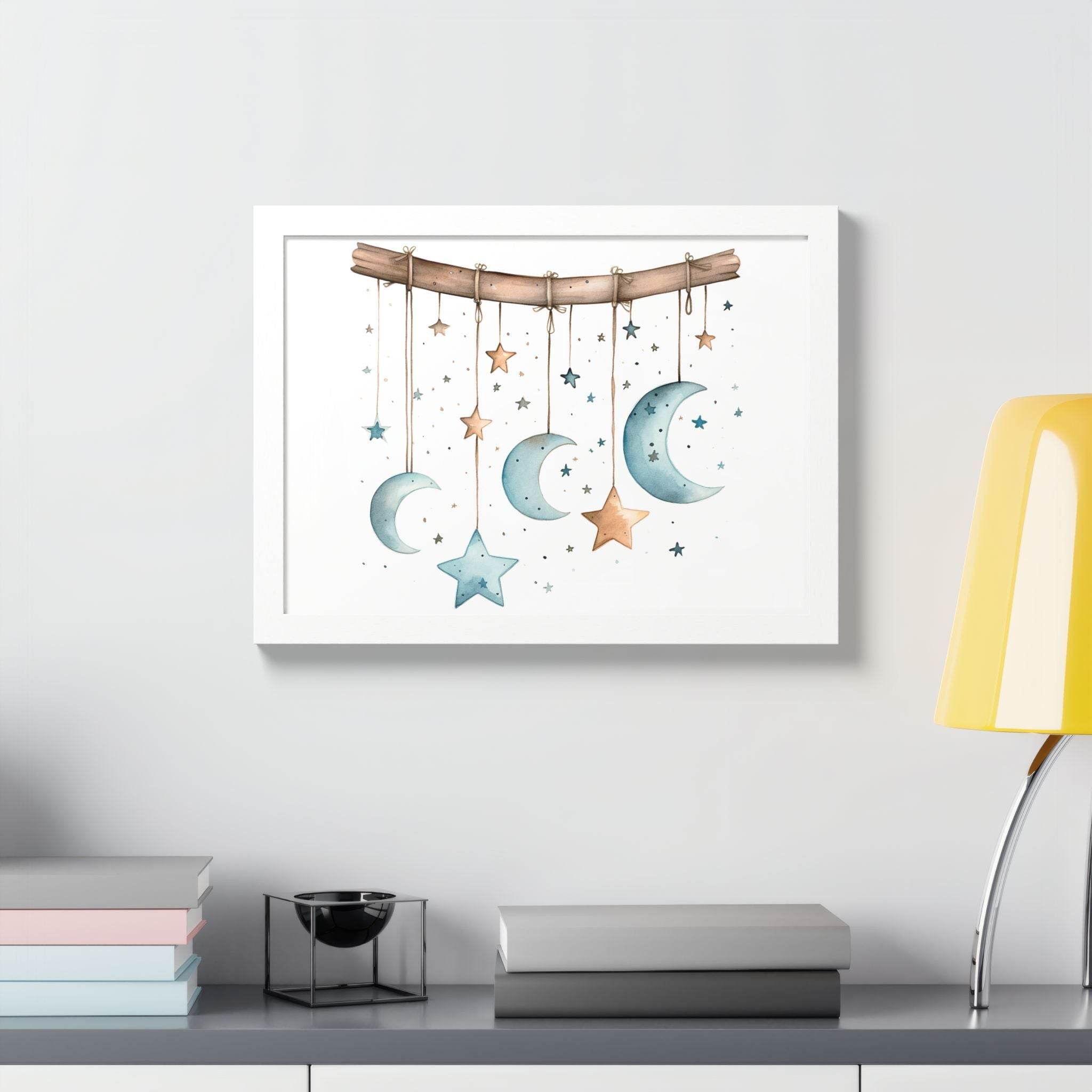 Printify poster featuring eco-friendly celestial wall art with hanging moons and stars in soft colors