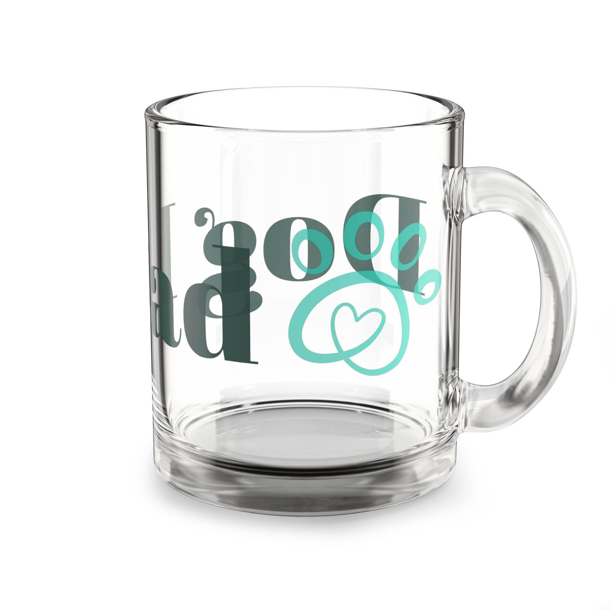 Clear glass eco-friendly dog dad mug with teal paw print design from Printify