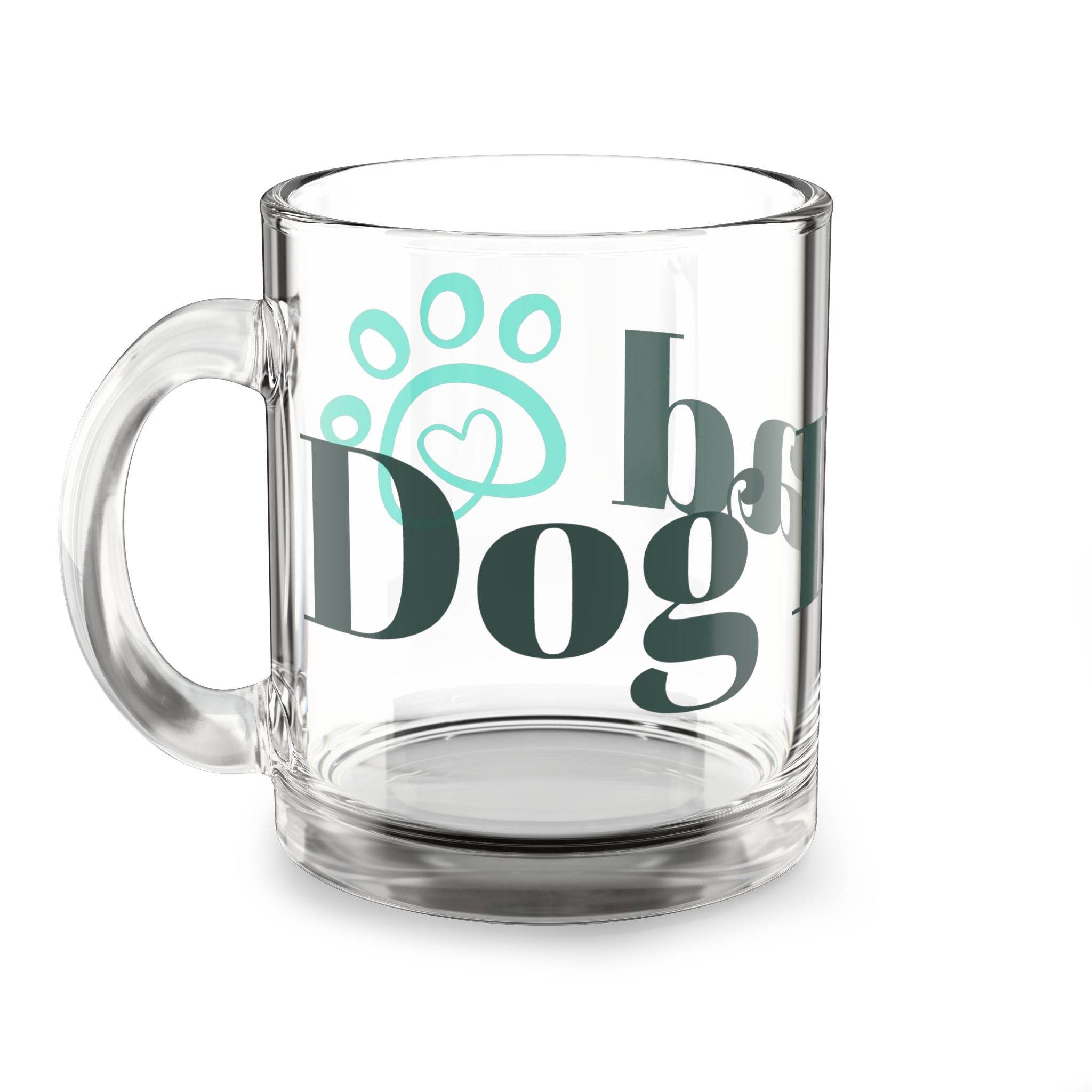 Clear glass eco-friendly dog dad mug with teal paw print and heart design by Printify