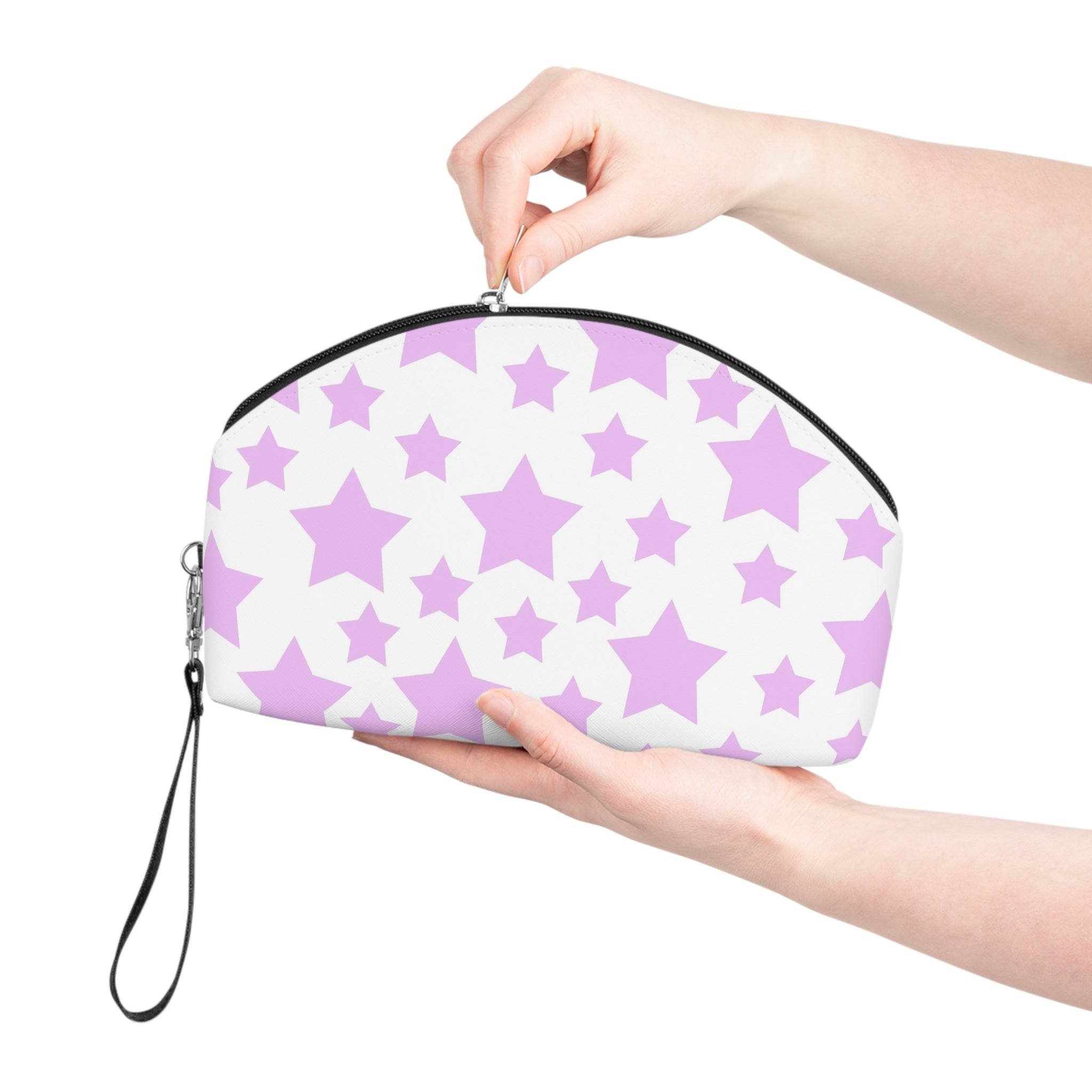 Printify eco-friendly makeup bag with purple star pattern held by hands and black zipper