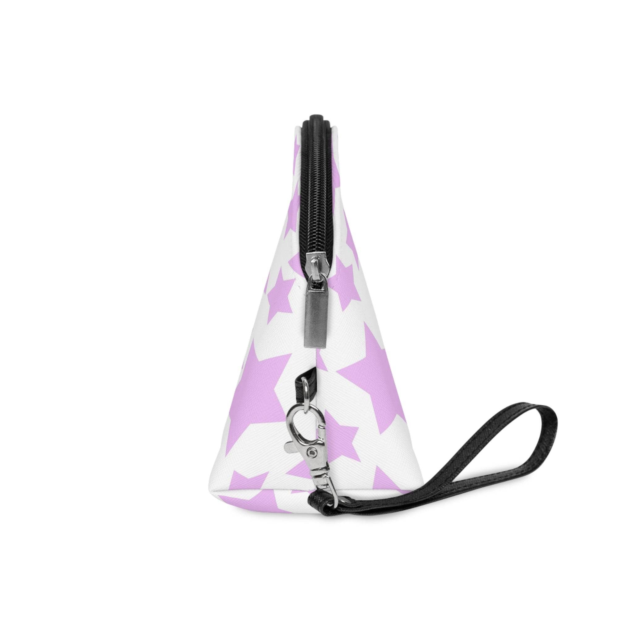 Printify eco-friendly makeup bag with purple star design and black wrist strap zipper closure