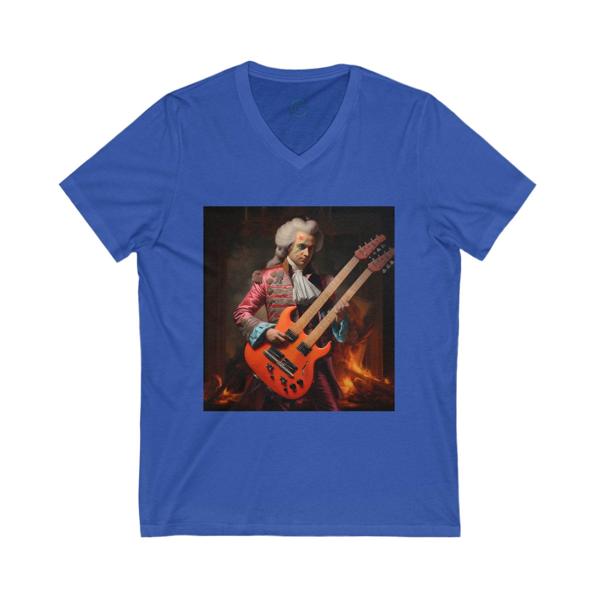 Printify blue eco-friendly unisex v-neck tee featuring a graphic of a classical musician with a double neck electric guitar