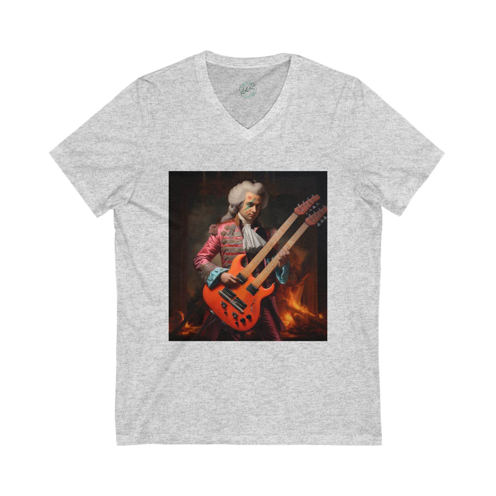 Printify eco-friendly unisex v-neck tee in light gray with graphic of a classical musician playing a double-neck electric guitar
