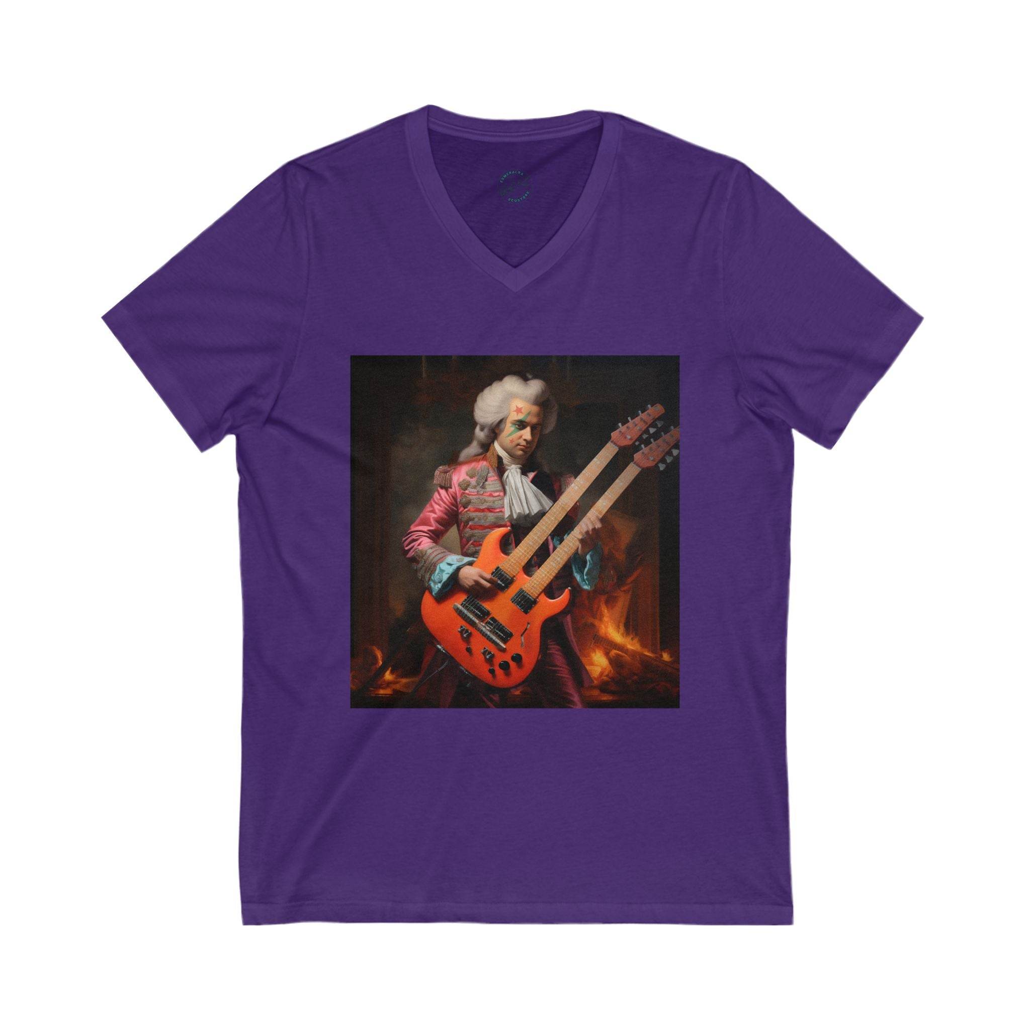 Purple Printify eco-friendly unisex v-neck tee with graphic of musician playing double neck guitar