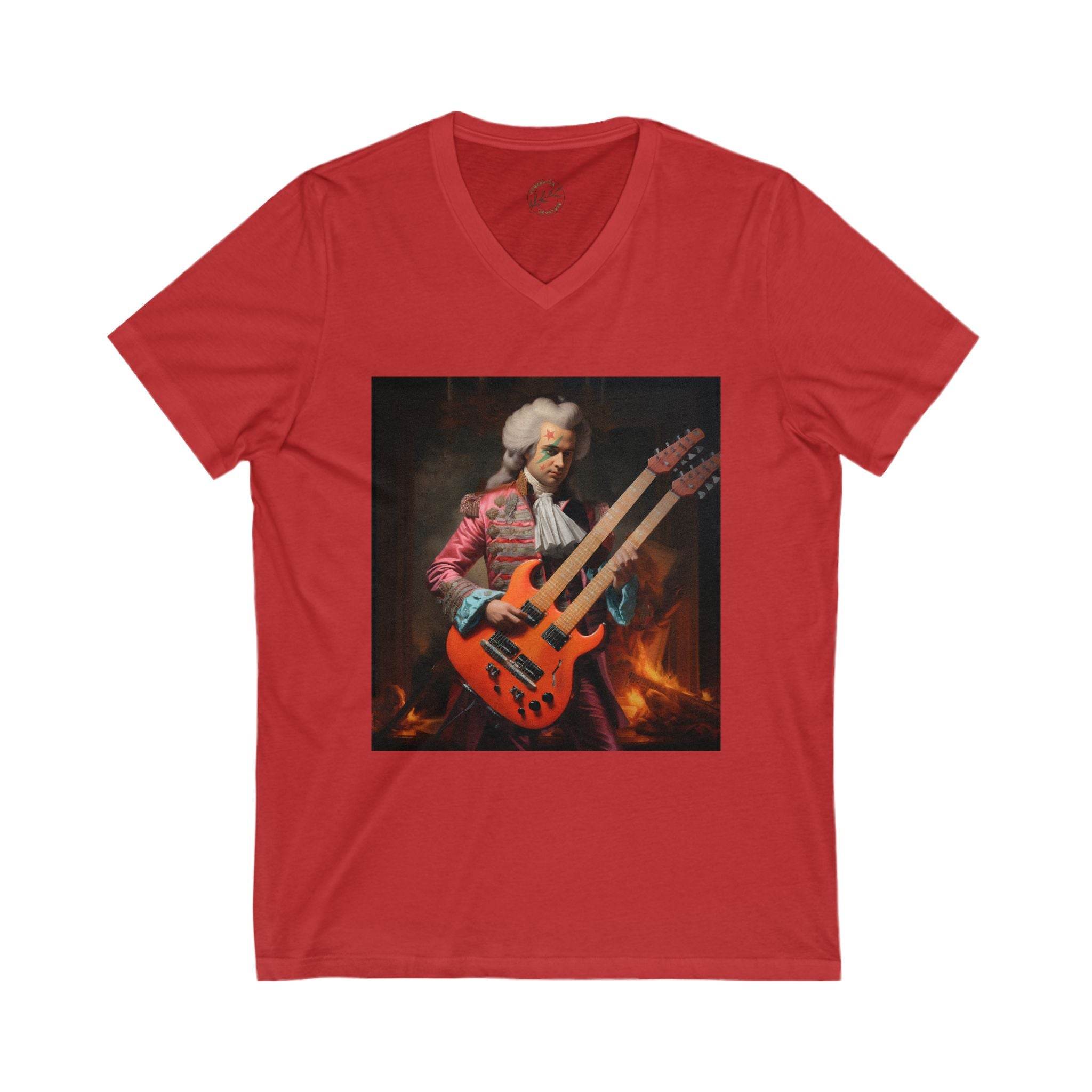 Red eco-friendly unisex v-neck tee featuring a graphic of a classical musician playing a double-neck electric guitar