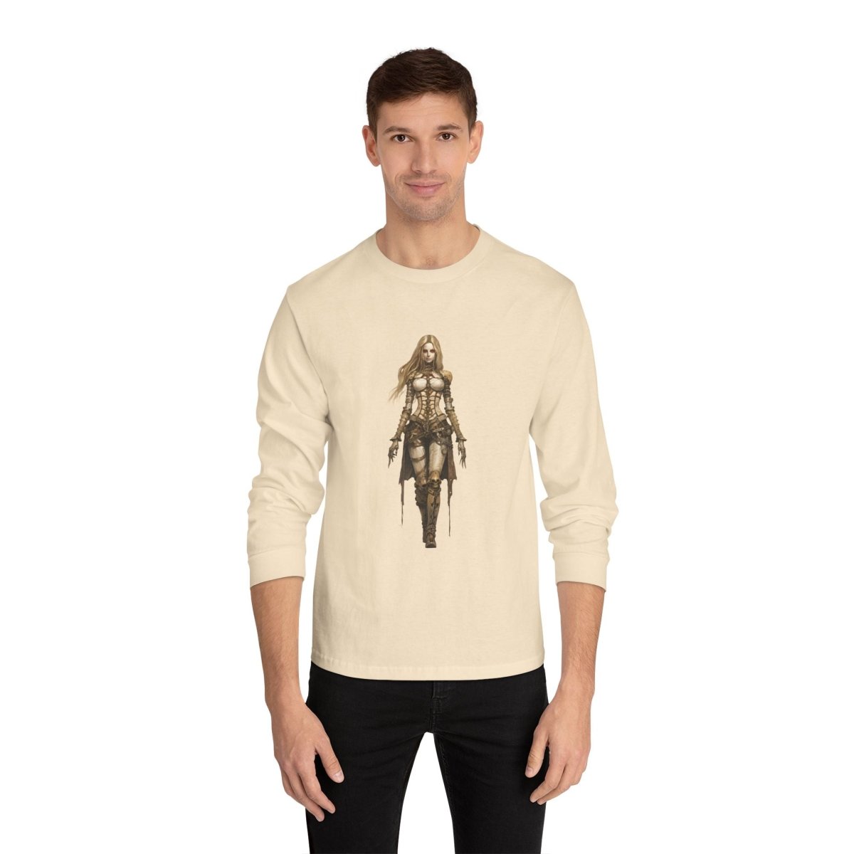 Environmentally friendly long sleeve tee featuring a powerful character graphic on a cream background