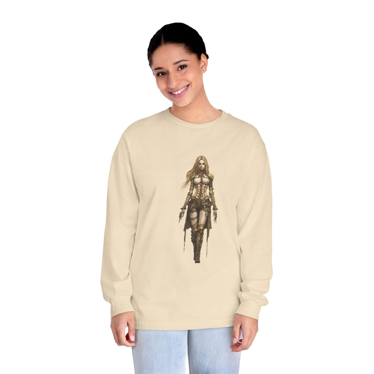 Relaxed fit environmentally friendly long sleeve tee featuring a striking graphic design