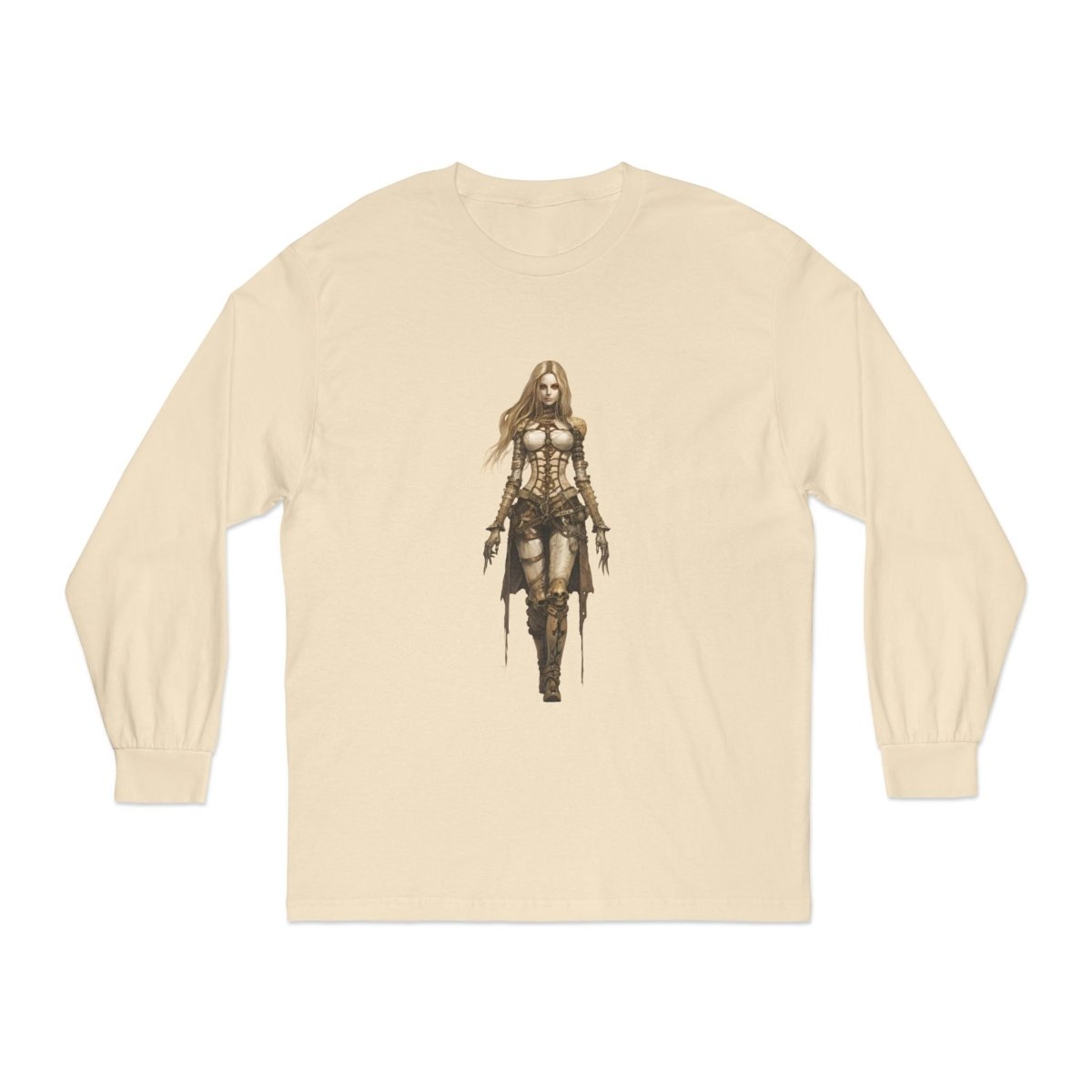 Environmentally friendly long sleeve tee featuring a warrior graphic design for a bold style