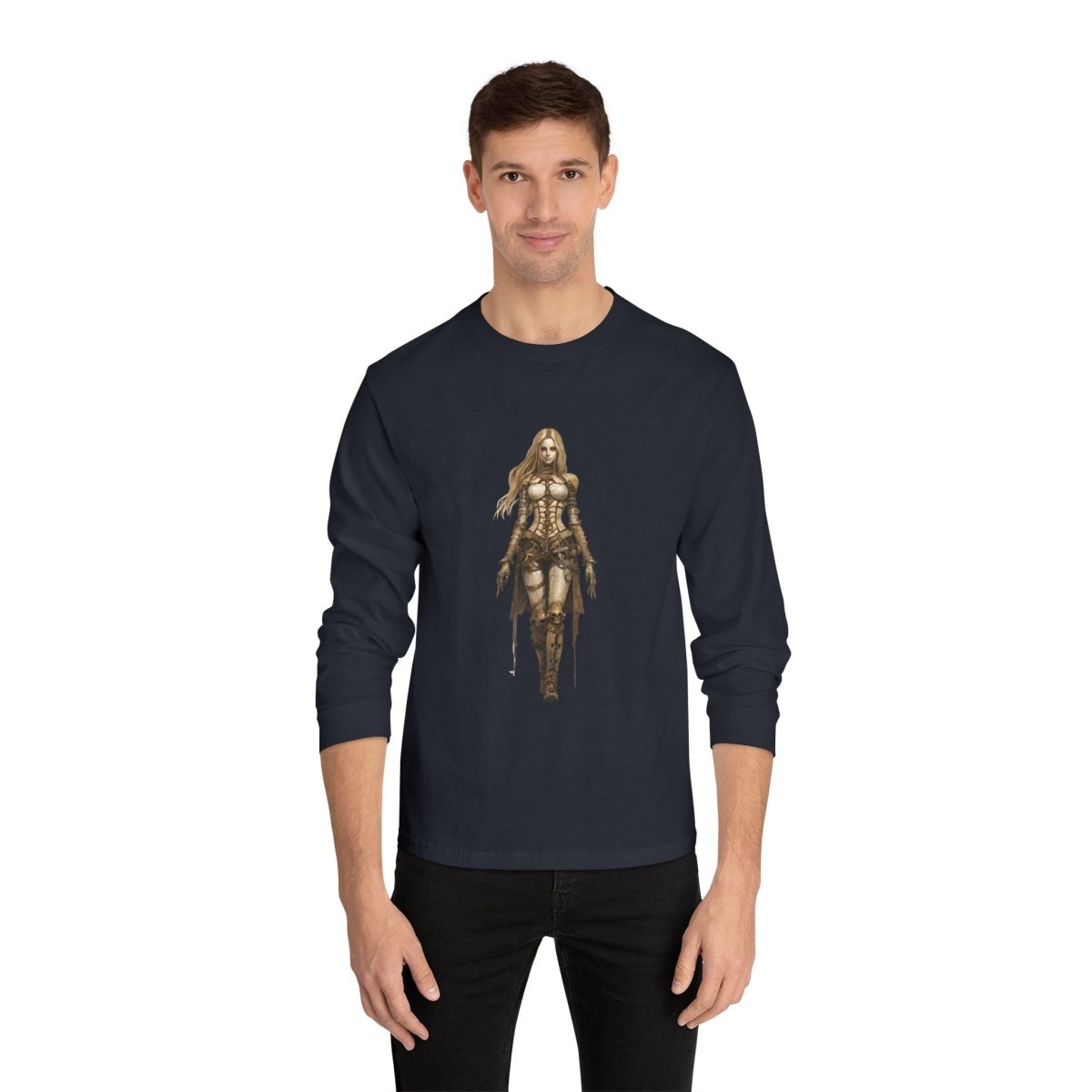 Men's model wearing an environmentally friendly long sleeve tee featuring a stylish graphic design