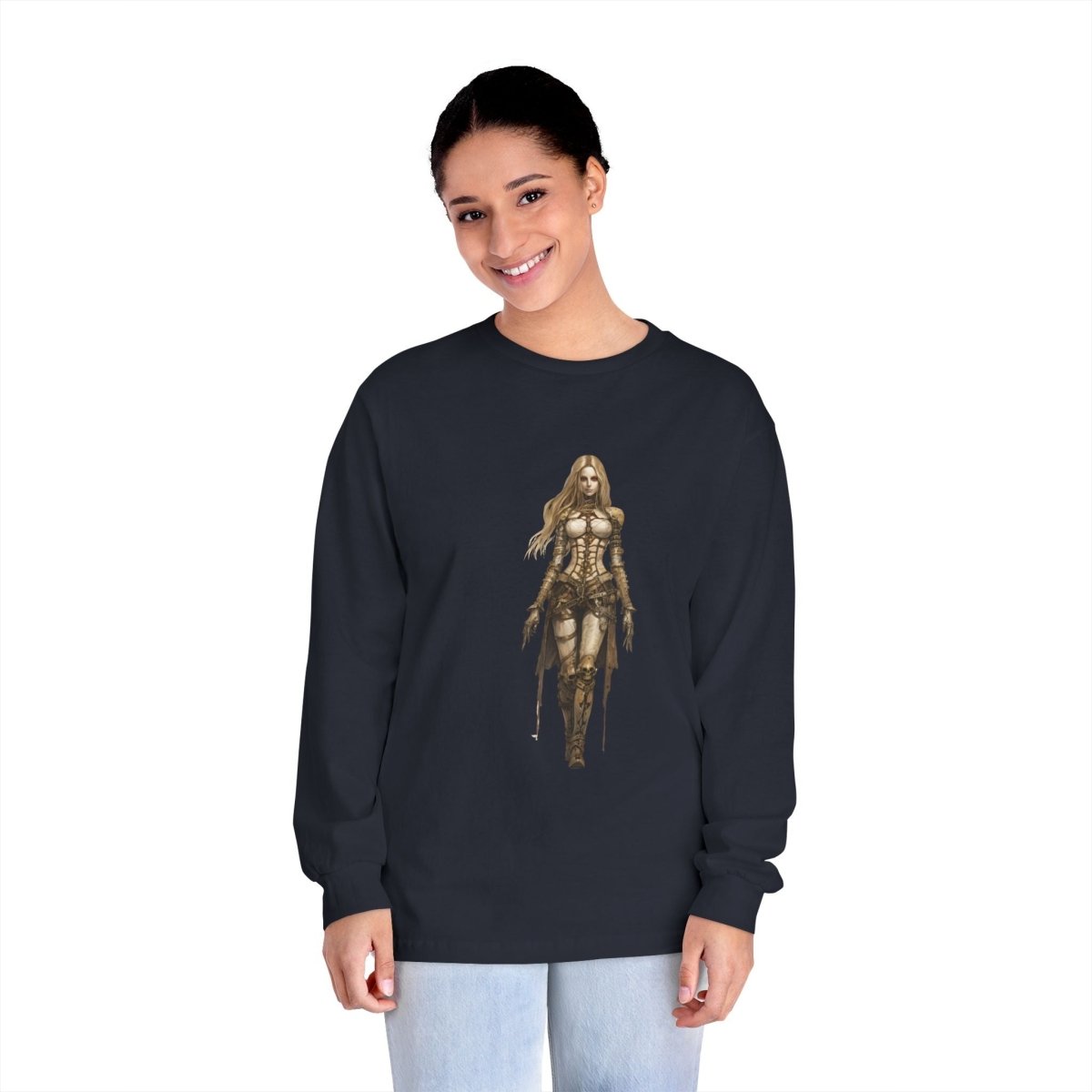 Eco-friendly design of a woman in armor on an environmentally friendly long sleeve tee