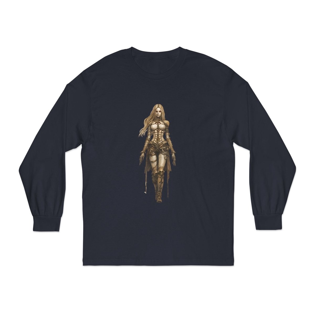 Stylish environmentally friendly long sleeve tee featuring a warrior graphic design