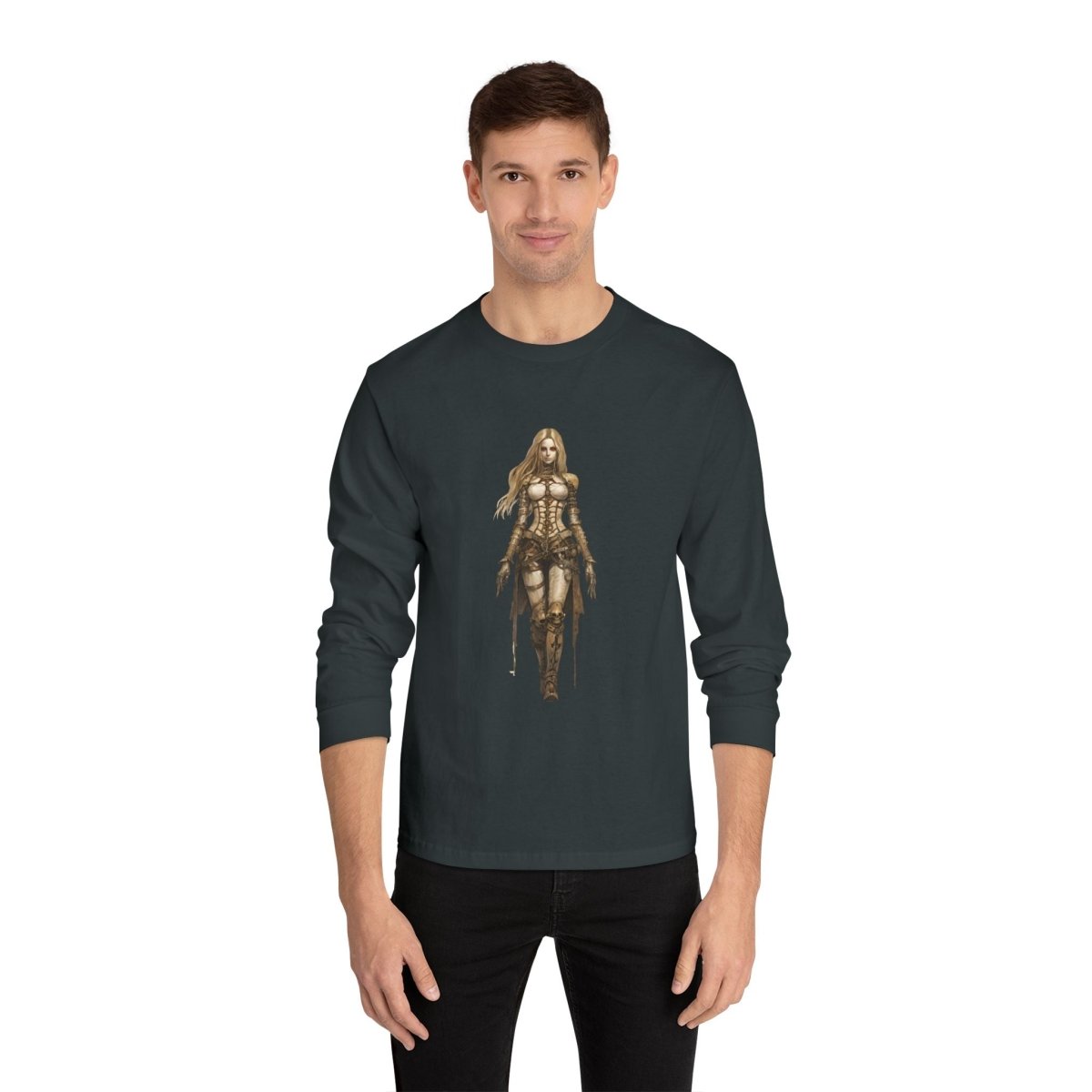 Model wearing an environmentally friendly long sleeve tee featuring a detailed warrior design