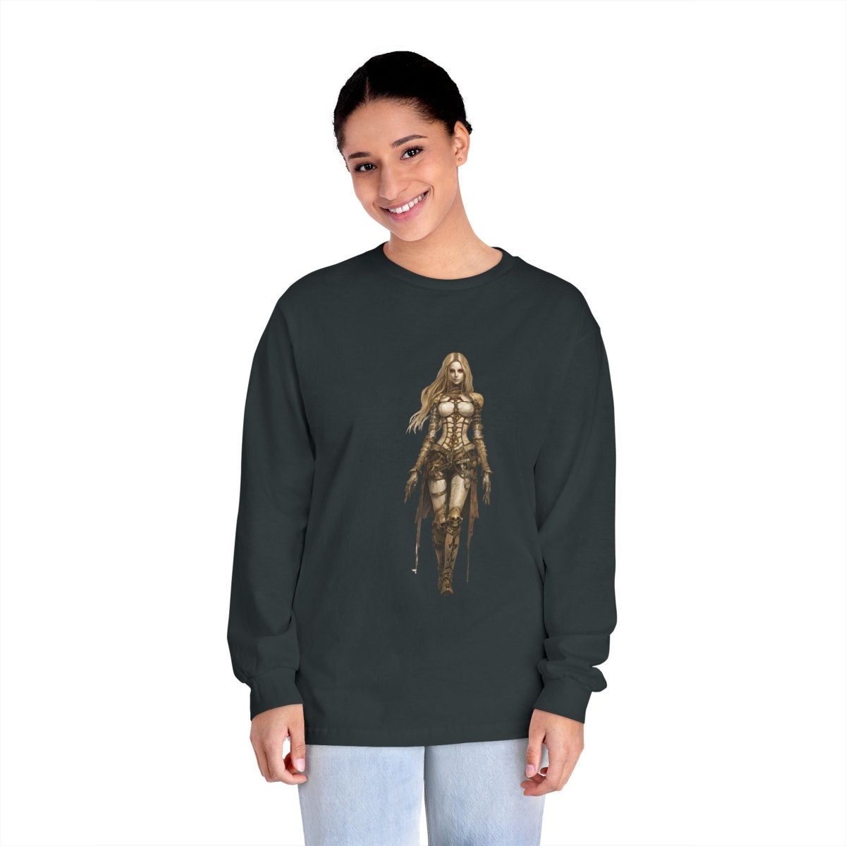Model wearing an environmentally friendly long sleeve tee featuring an artistic graphic design