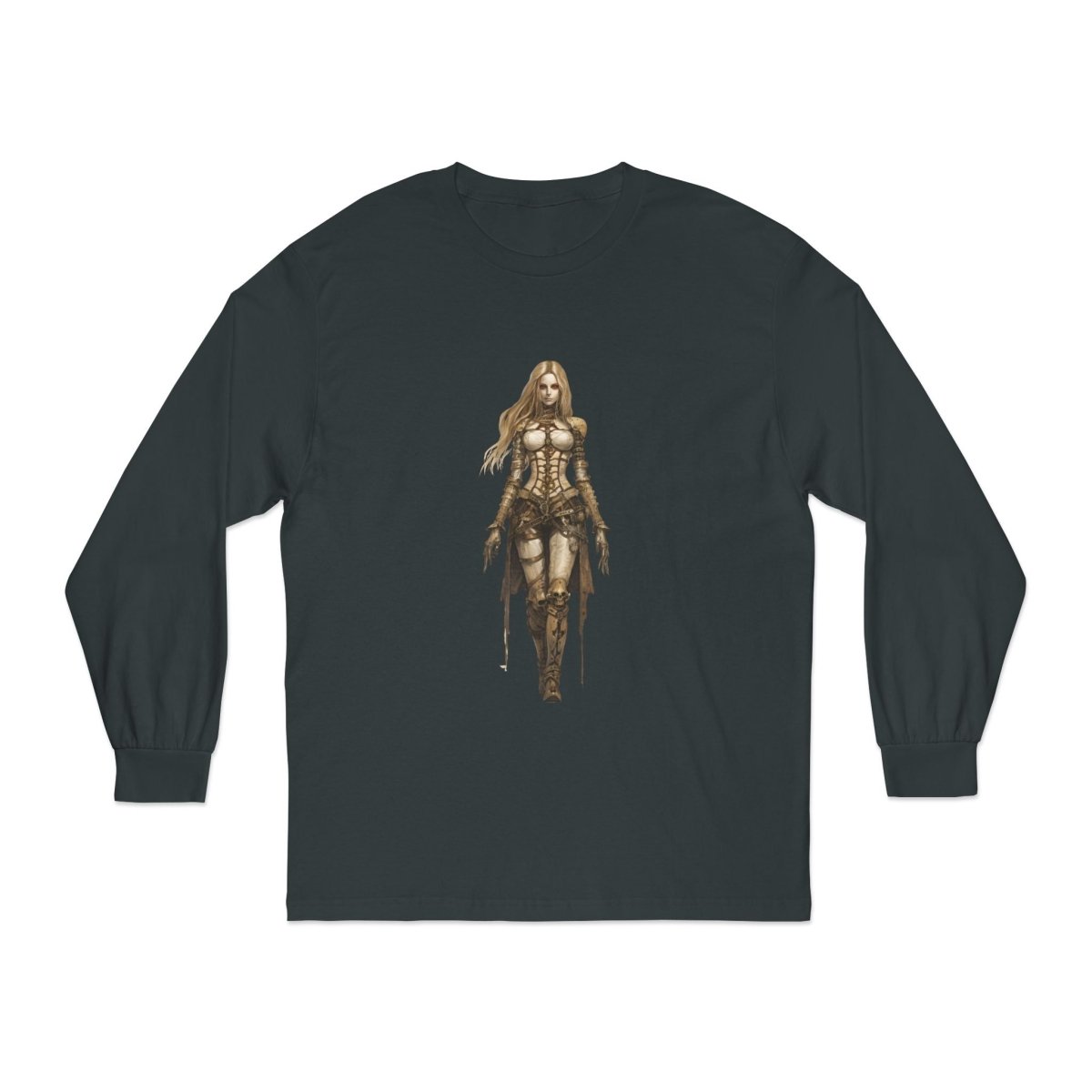 Dark green environmentally friendly long sleeve tee featuring a warrior design for casual wear
