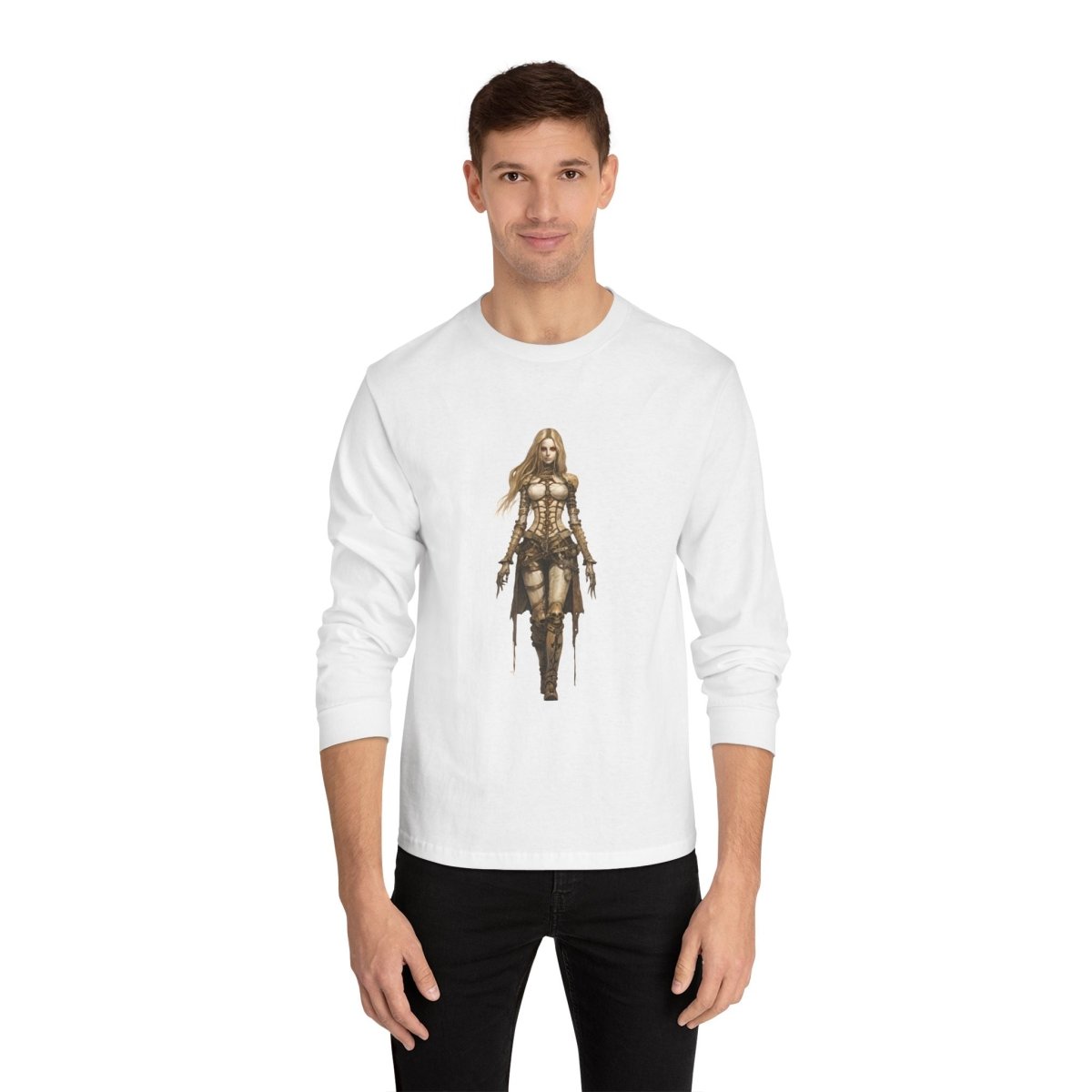 Model wearing an environmentally friendly long sleeve tee featuring a unique graphic design