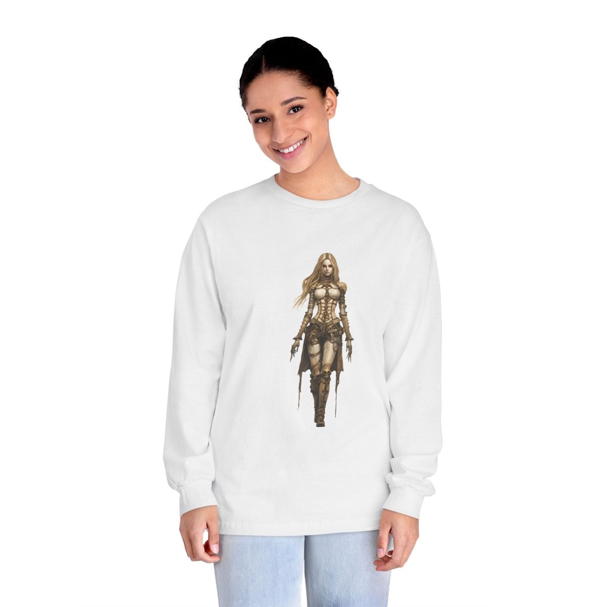 Model wearing an environmentally friendly long sleeve tee featuring an artistic character design