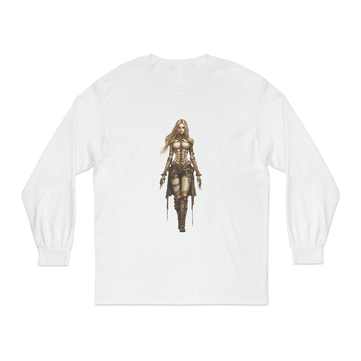 Artistically designed environmentally friendly long sleeve tee featuring a warrior character illustration