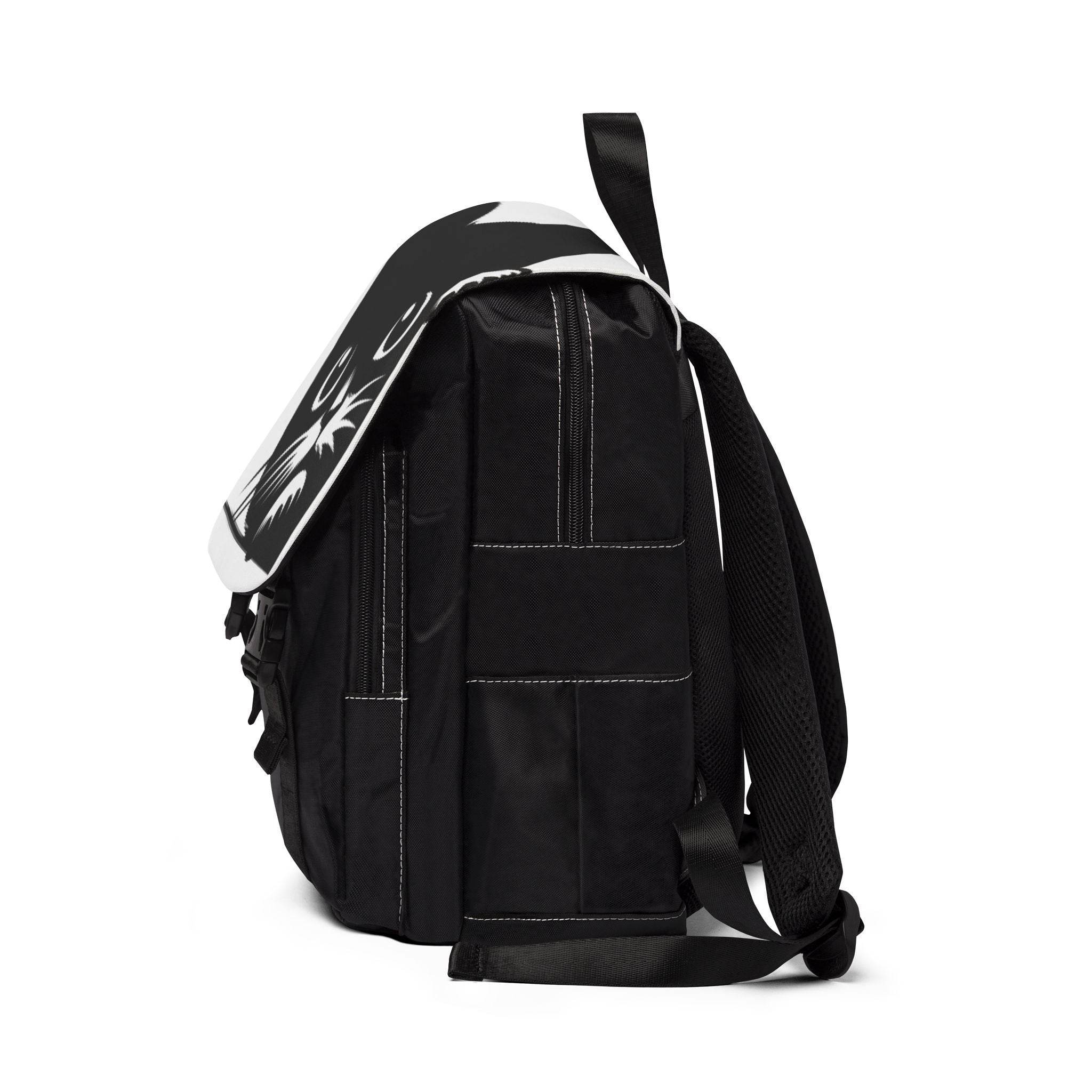 Side view of black Nine Lives cat design backpack with padded straps and white cat graphic flap