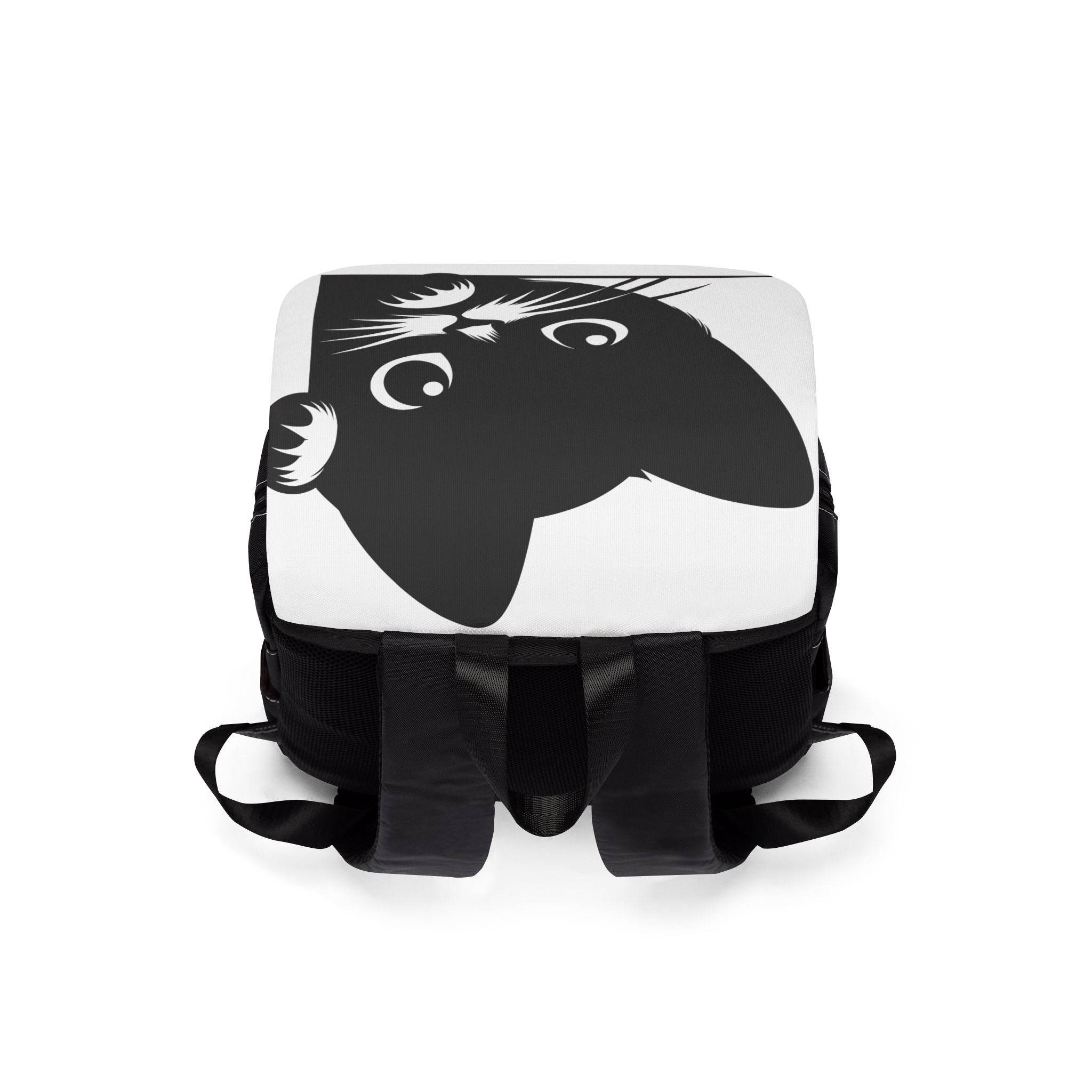 Printify Nine Lives cat design backpack with black and white cartoon cat face and adjustable straps