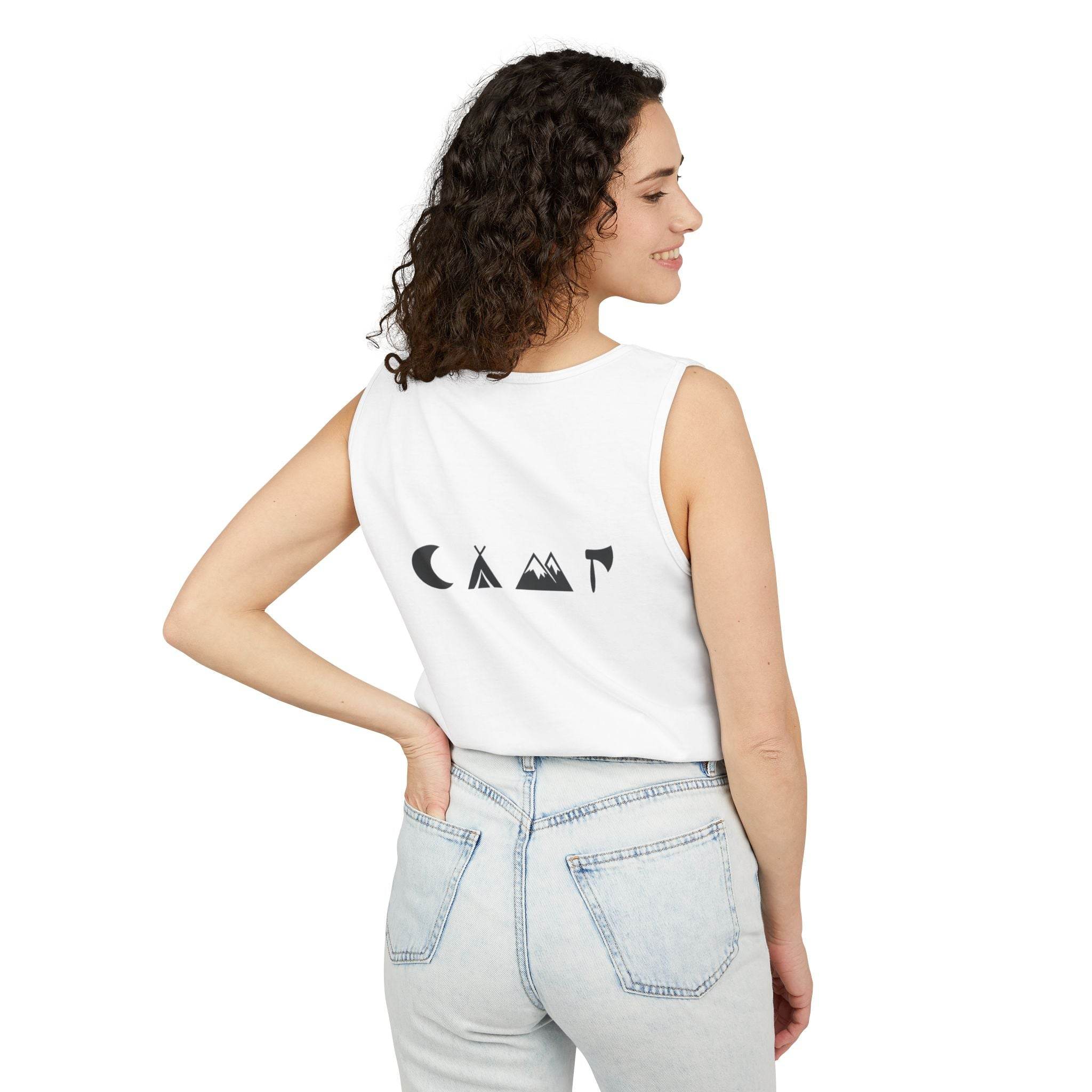 Printify model wearing white eco-friendly unisex tank top with minimalist mountain graphic on back