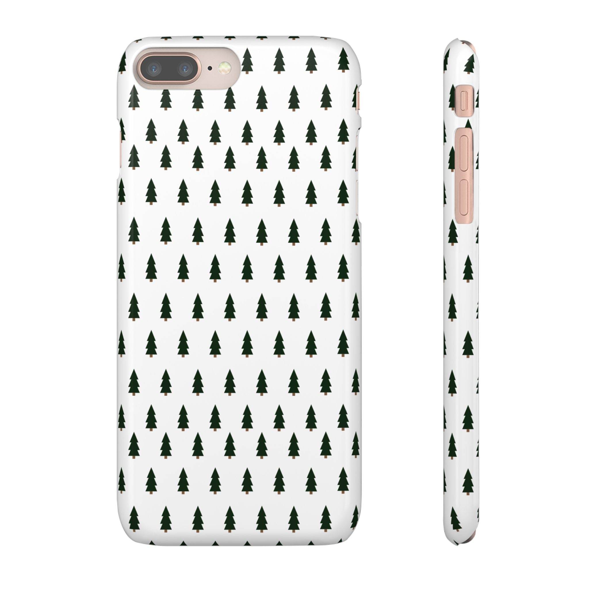 Printify winter forest snap case with small green pine tree pattern on white background for phone protection