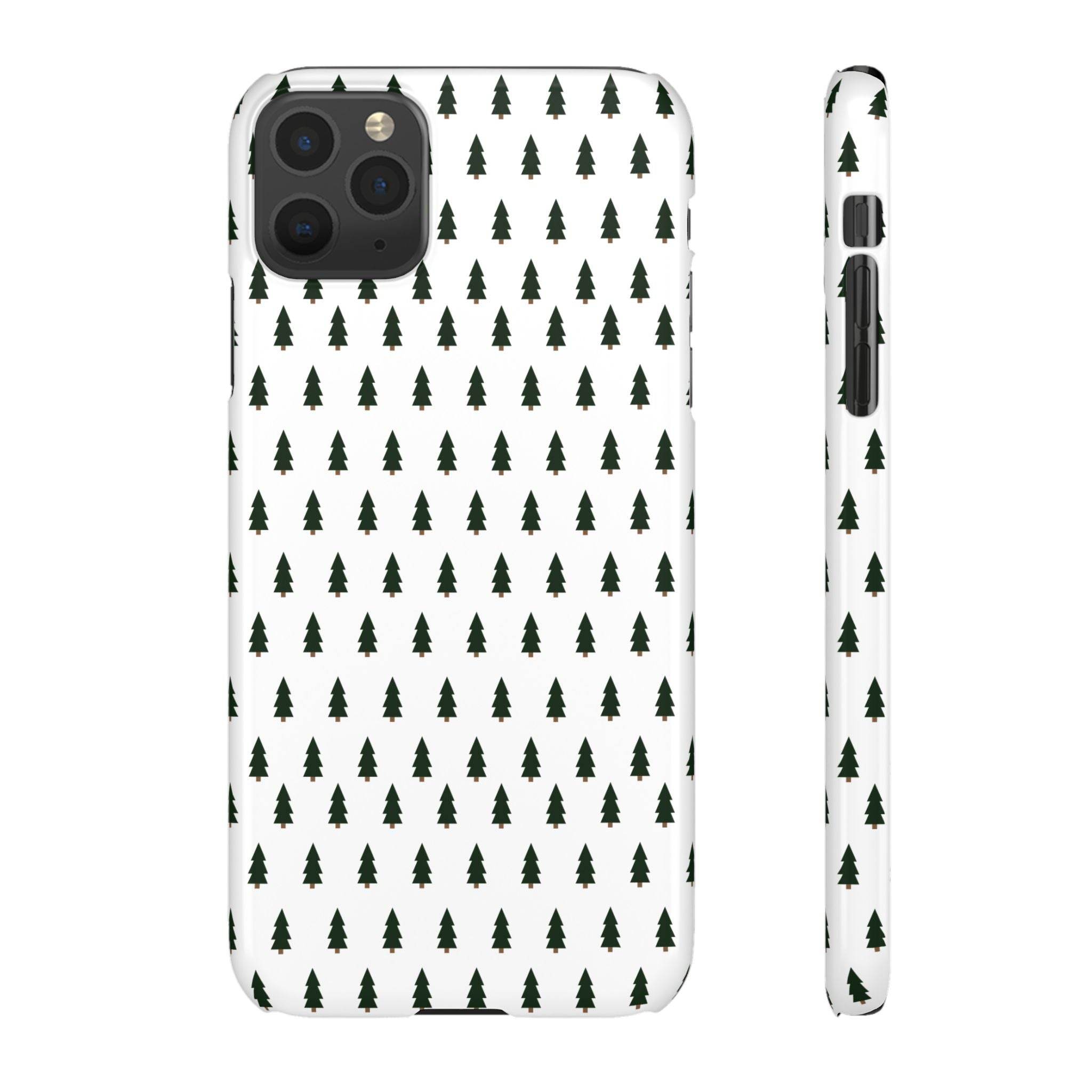 Printify winter forest snap case with dark green tree pattern on white background for iPhone