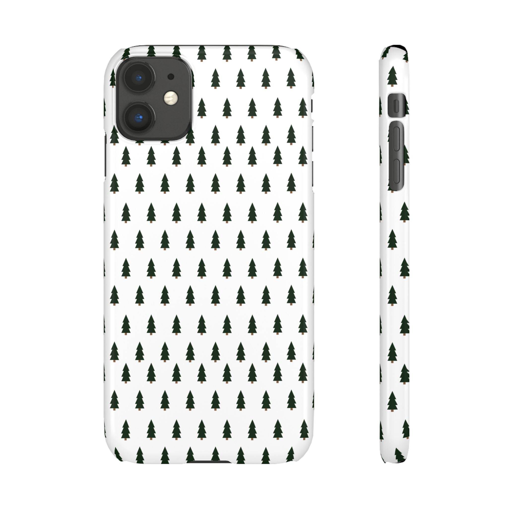 Printify phone case featuring a winter forest snap case design with green pine trees on white background