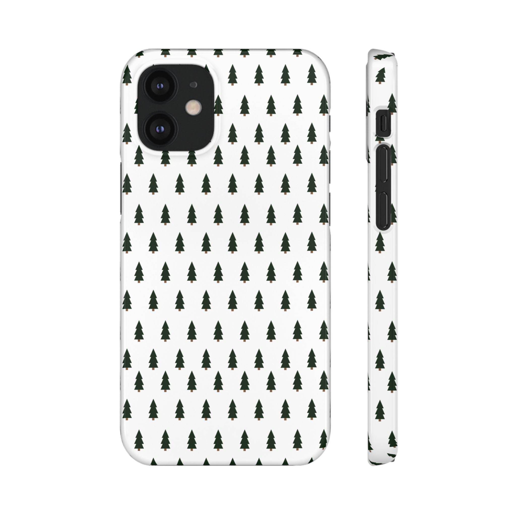 Printify winter forest snap case with minimalist green pine tree pattern on white background