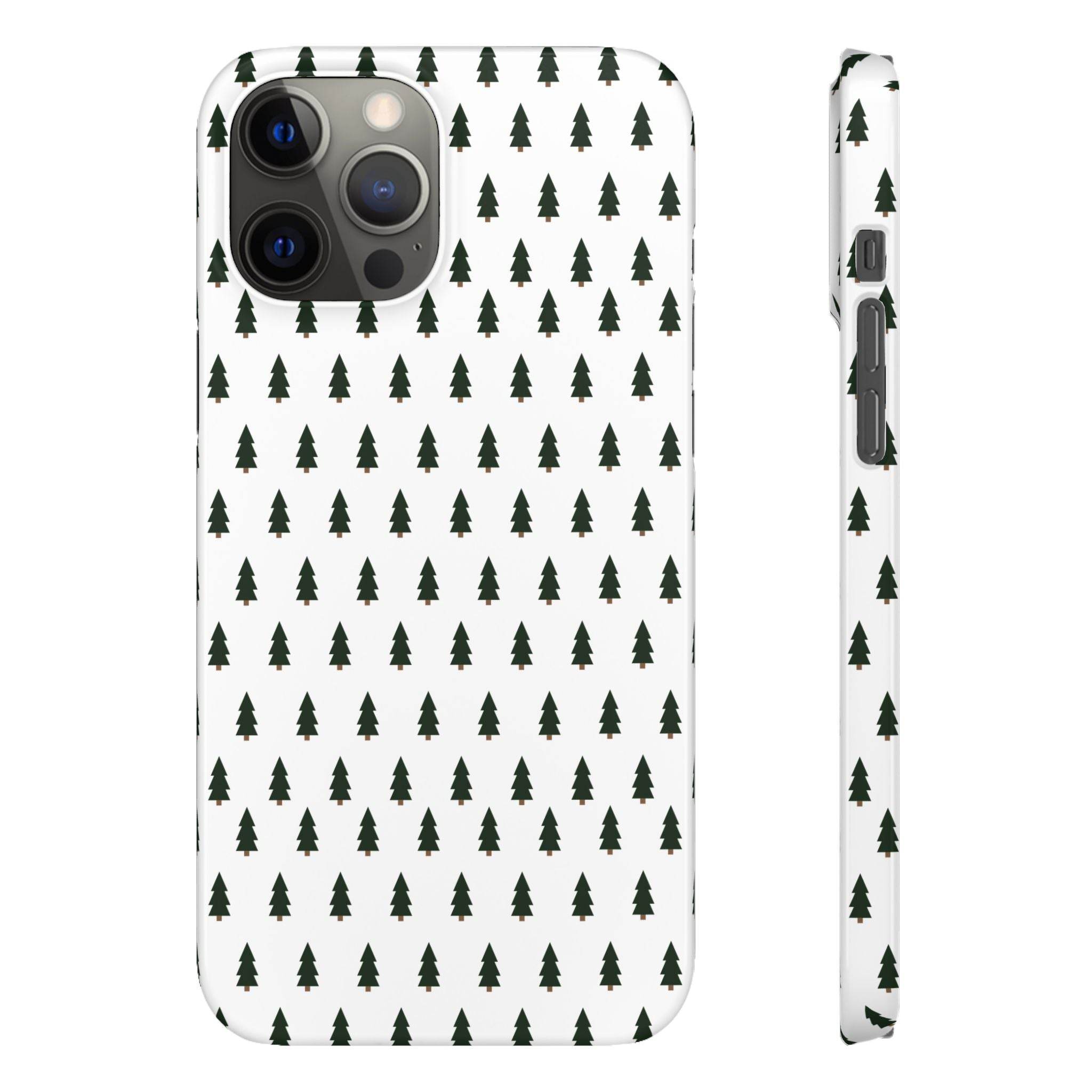 Printify winter forest snap case with dark green tree pattern on white background for phone protection