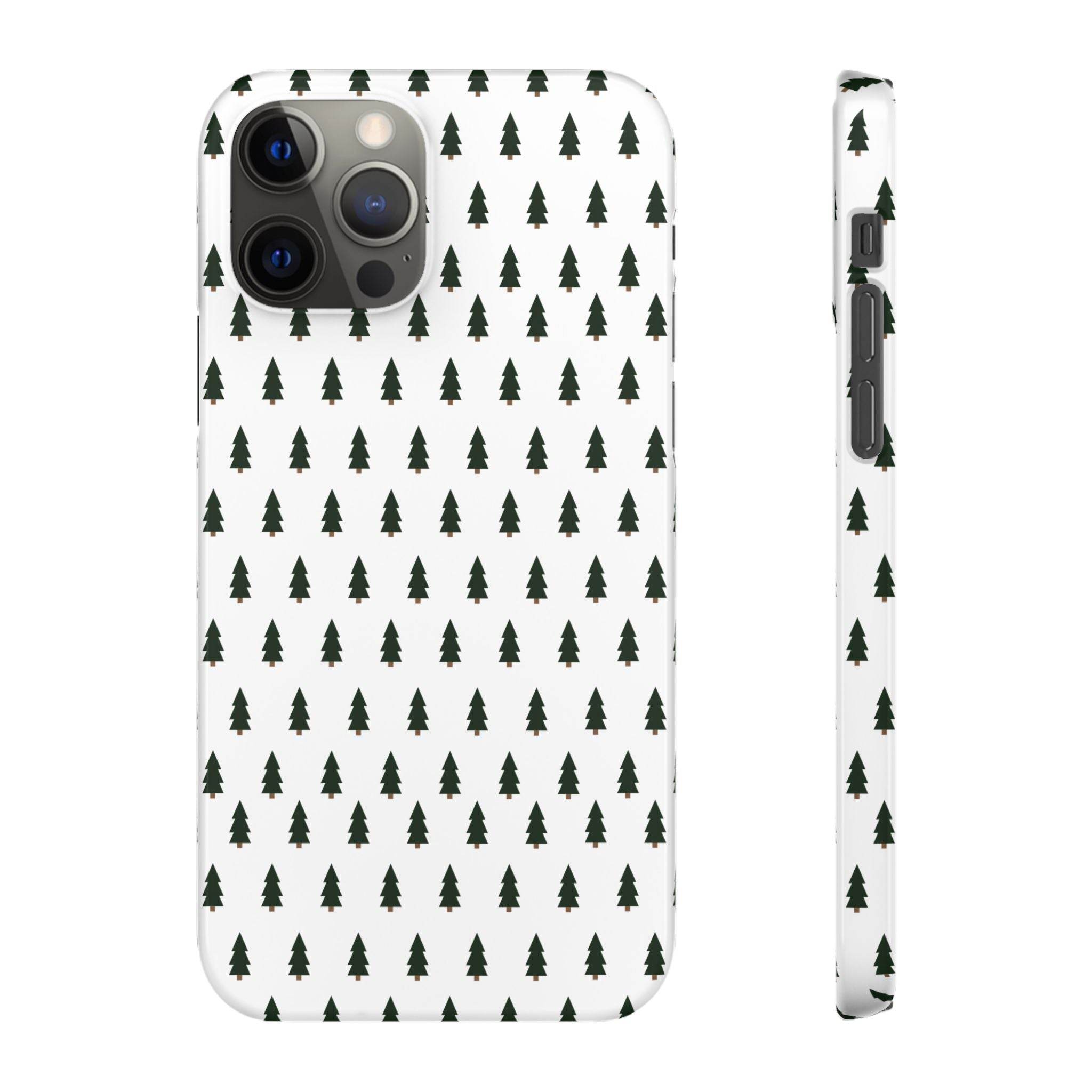Printify winter forest snap case with black tree pattern on white background for phone protection