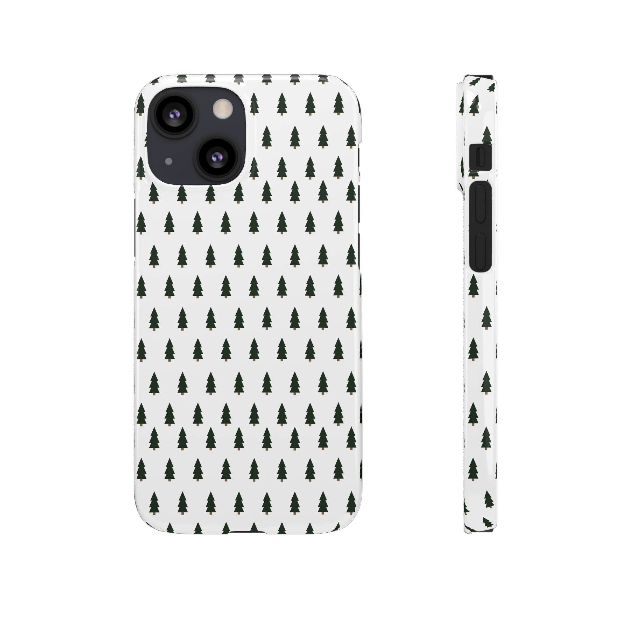 Printify winter forest snap case with small green tree pattern on white background for phone protection