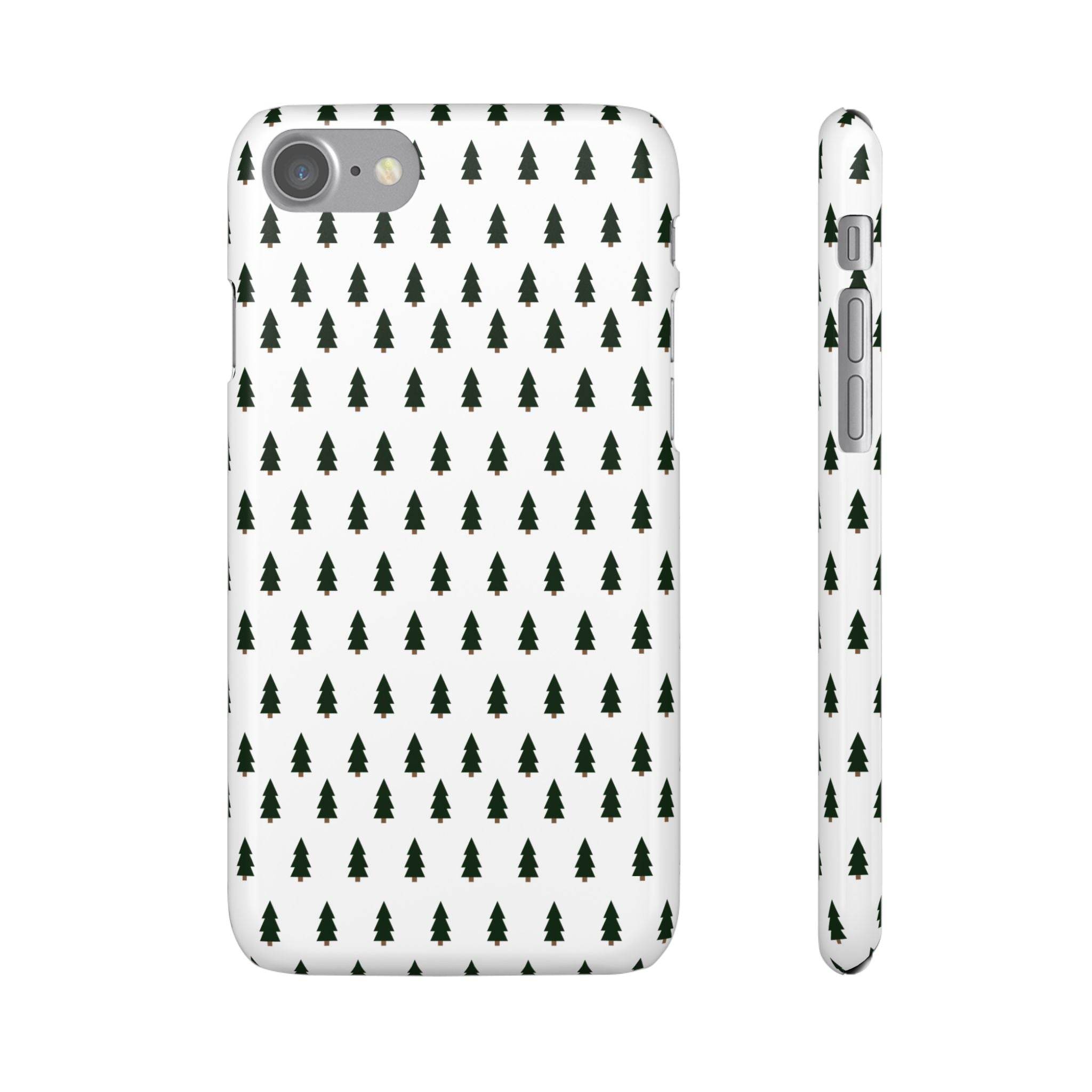 Printify winter forest snap case with dark green pine tree pattern on white background for phone protection