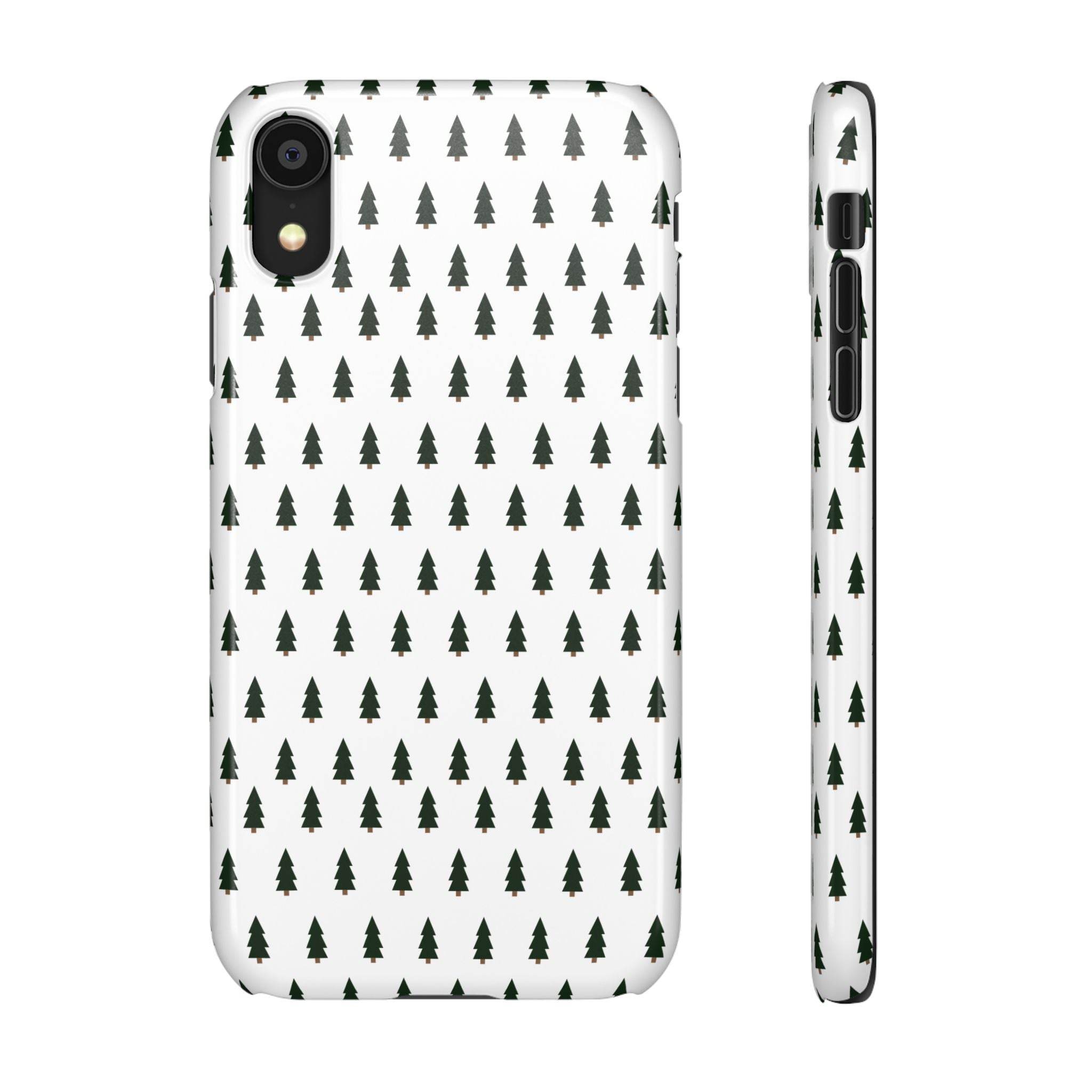 Printify white winter forest snap case with dark green tree pattern for phone protection
